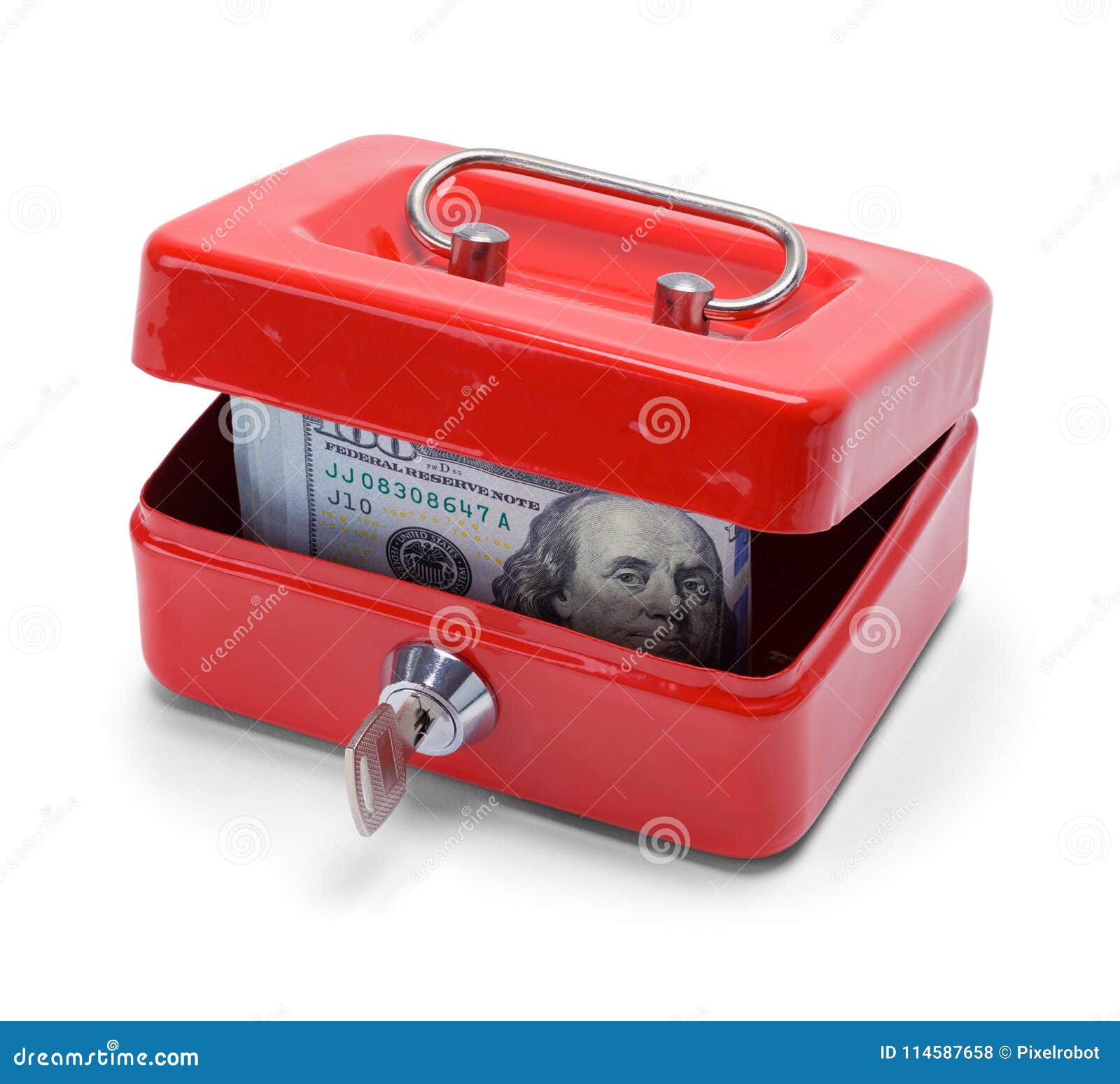 Boîte D'économie D'argent Rouge Avec Clé Avec Pièces Et Billets En Euros