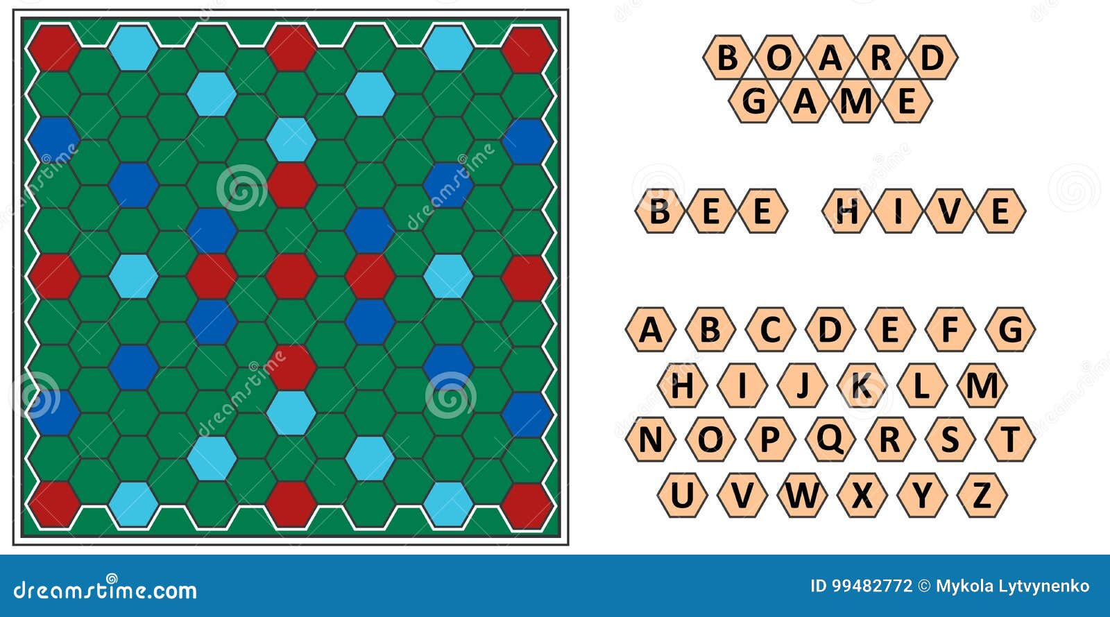 board game bee hive, developing erudition, bee honeycomb board and letters