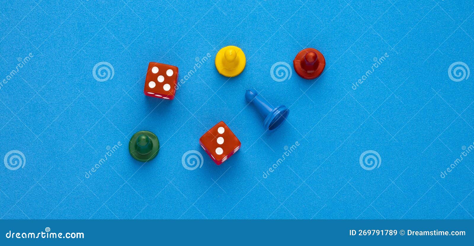 Board Game Pieces and Dice Blue Eva Rubber Background Stock Image