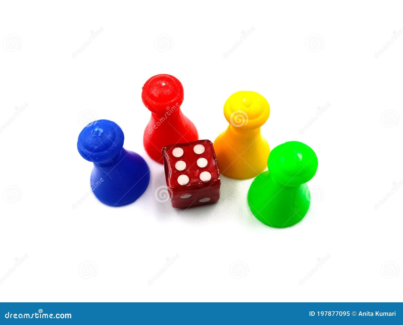 Board Game Pieces and Dice Over a Plain White Background. Stock Image
