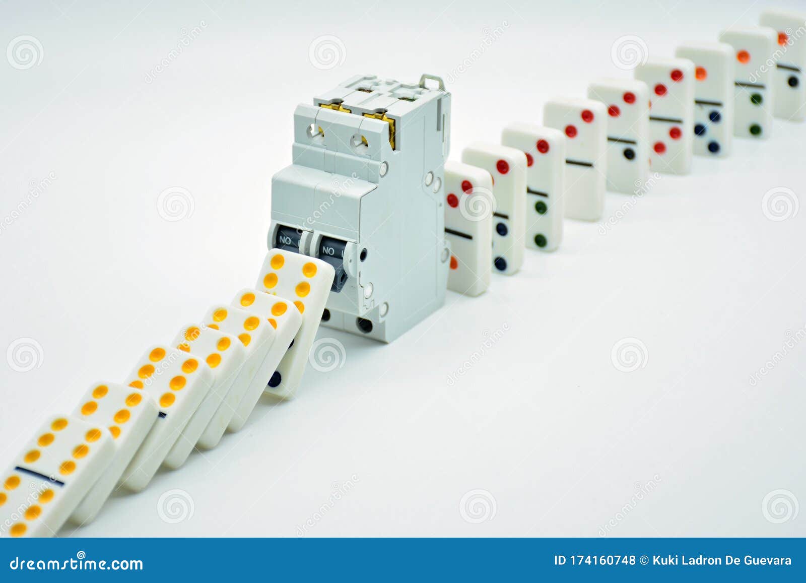 colored dominoes lined up, domino effect