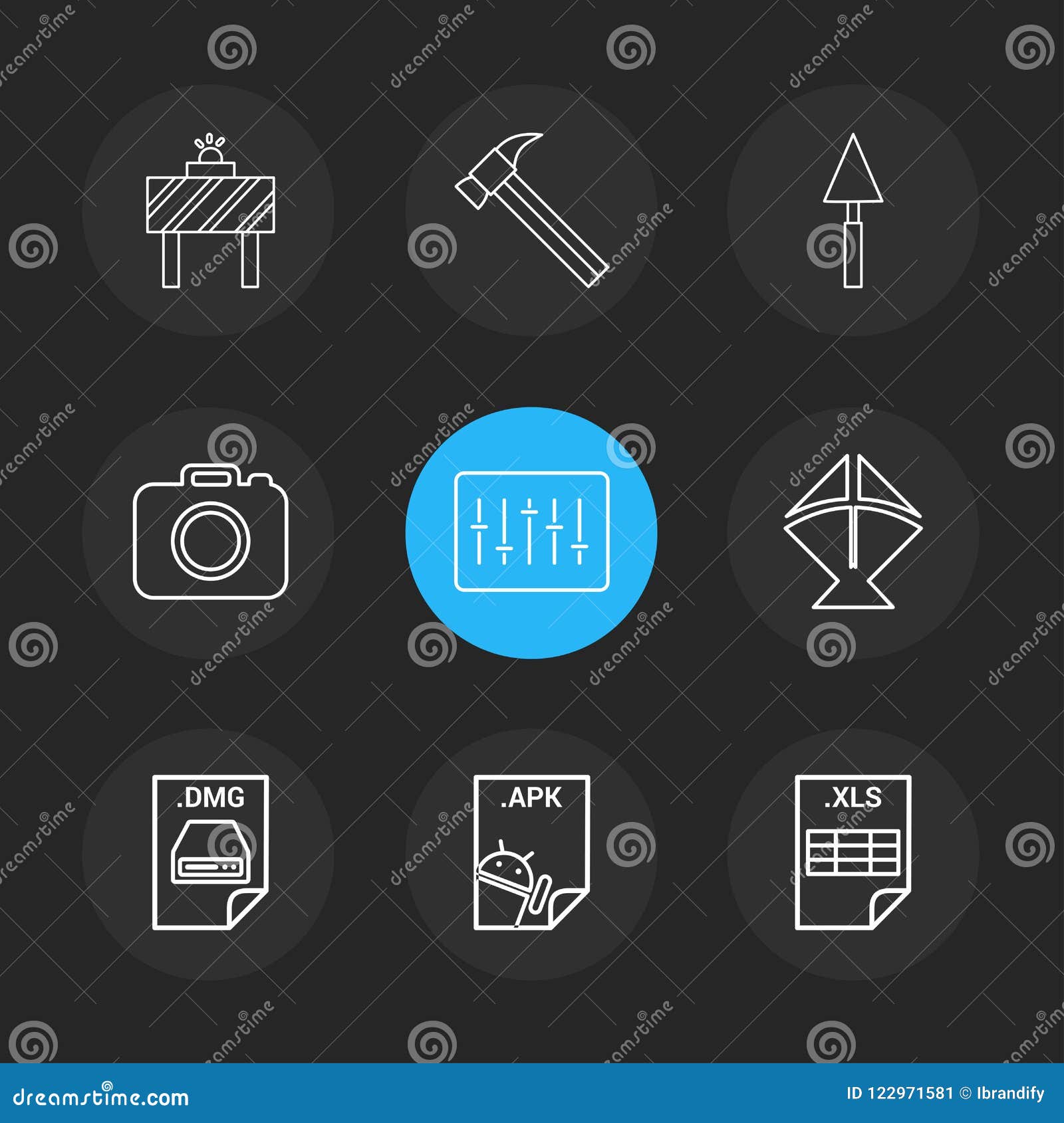 board , hammer , camera , apple dmg file , spade , equilizer ,