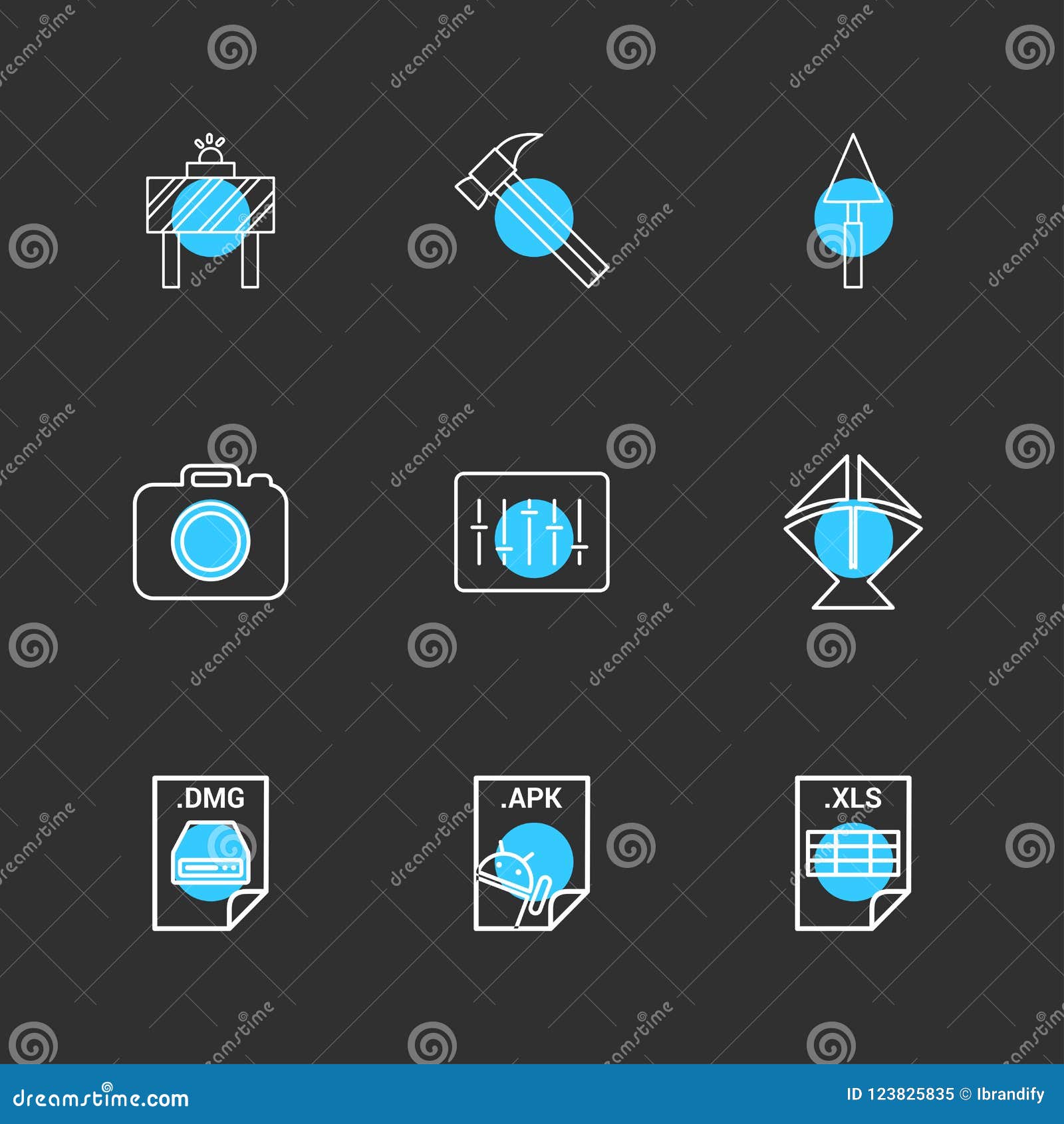 board , hammer , camera , apple dmg file , spade , equilizer ,