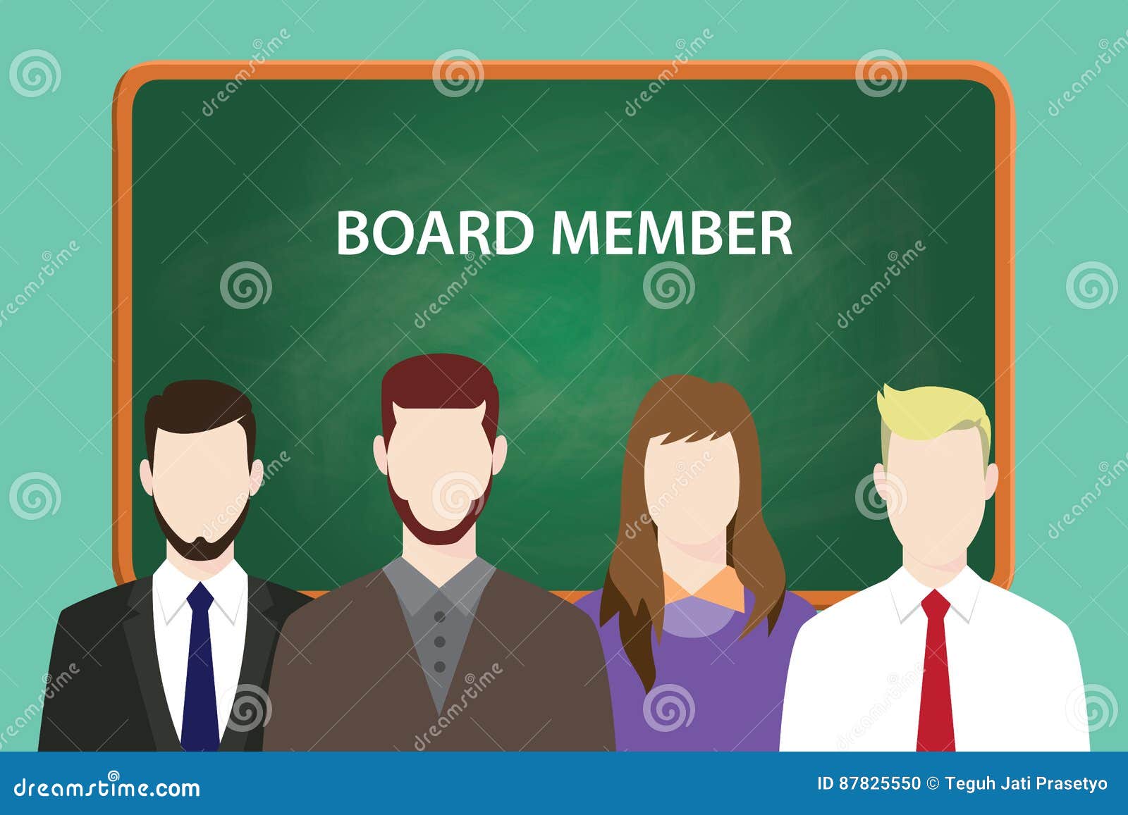 Board Member White Text Illustration with Four People Standing in Front