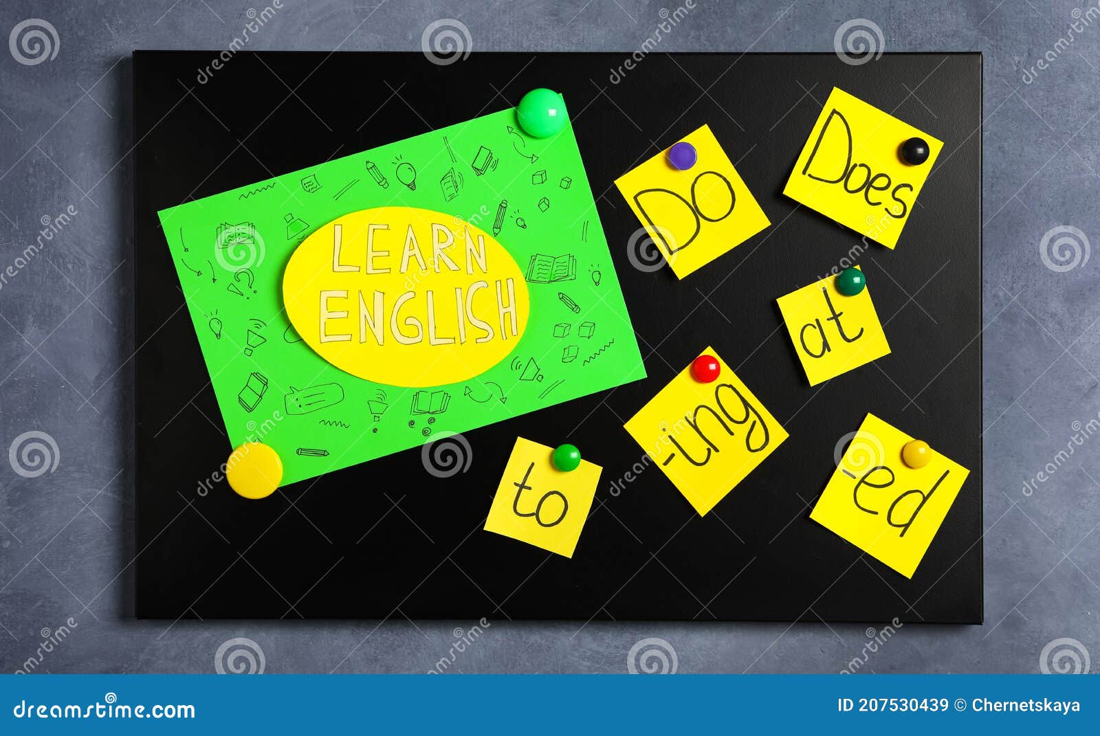 Board with Phrase Learn English on Grey Background, Top View Stock