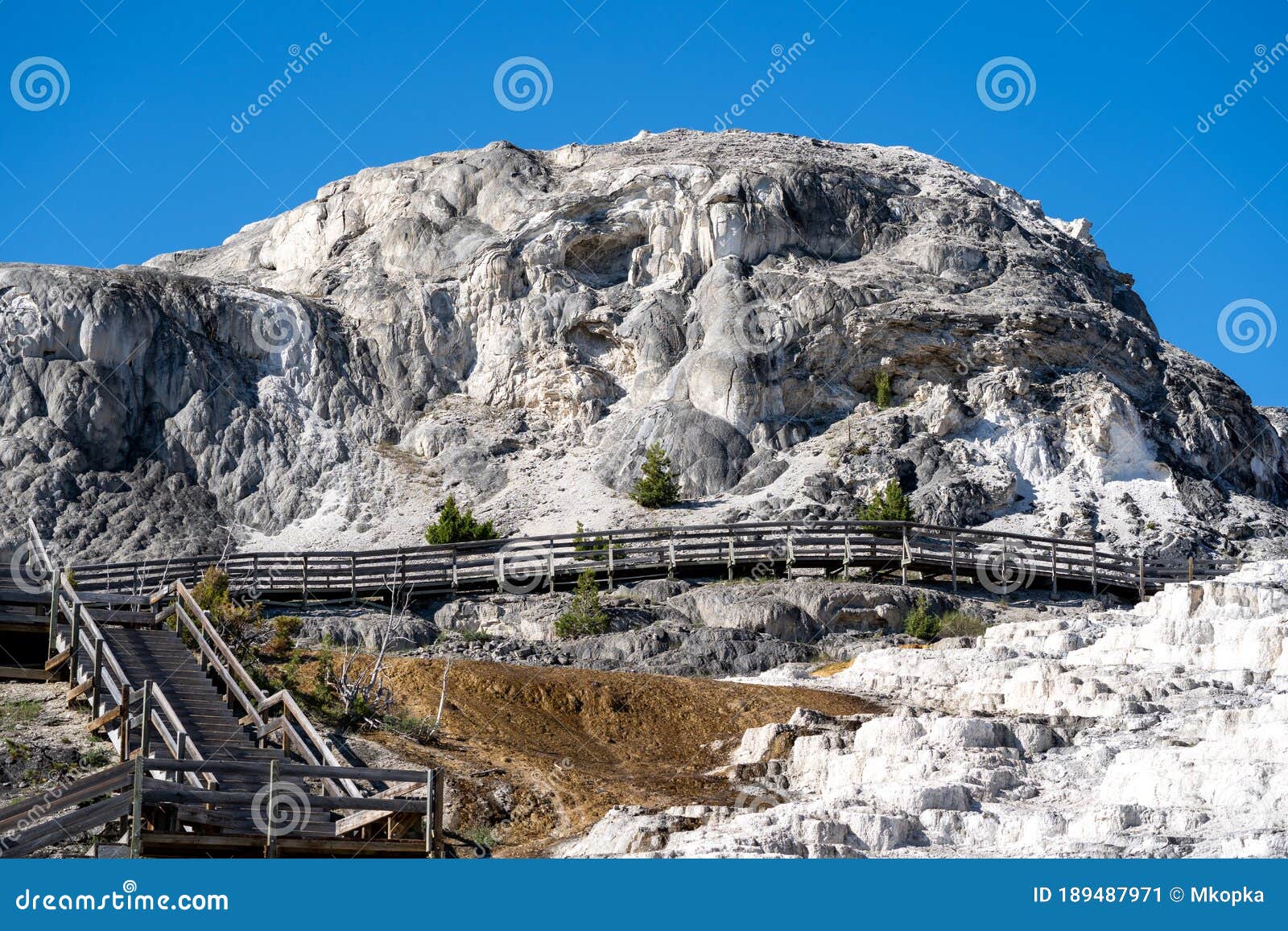 boardwalks among the lower terraces of mammoth hot springs termal area of yellowstone national park