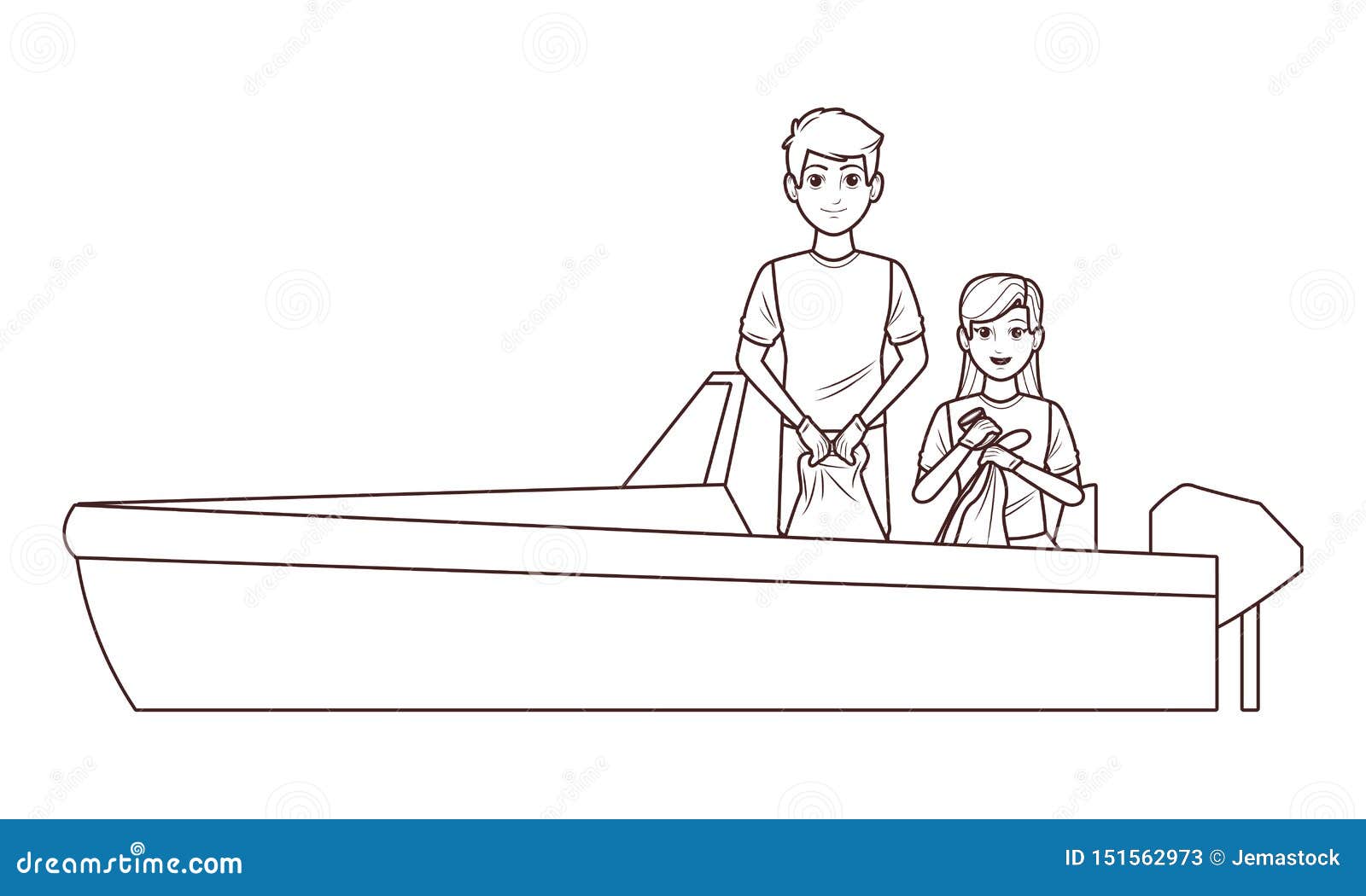 Boat boarding with two person in black and white. Boat boarding with two person with cleaning tools icon cartoon in black and white vector illustration graphic design
