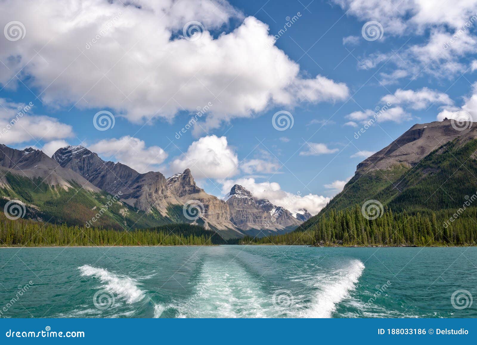 boat cruise on maligne lake, jasper national park, alberta, rocky mountains canada