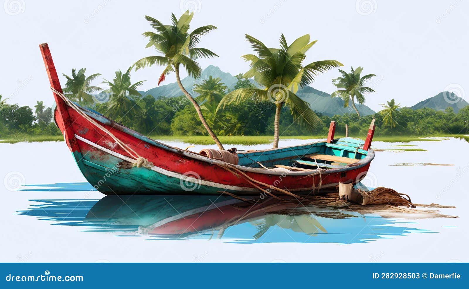 Boat Fishing Rods Realistic Island Palm Trees Stock Illustration