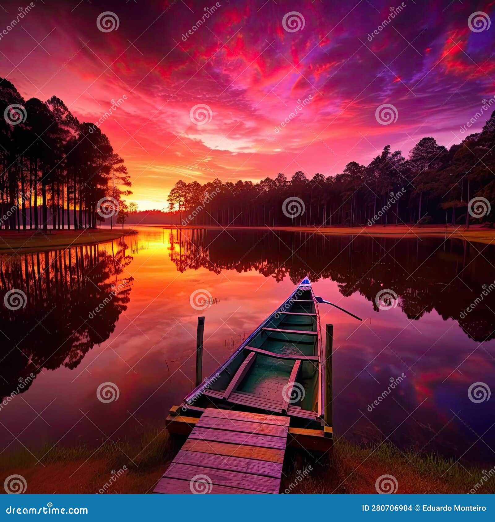 Boat on the Lake at Sunset - Landscape with Sunset Stock Illustration ...