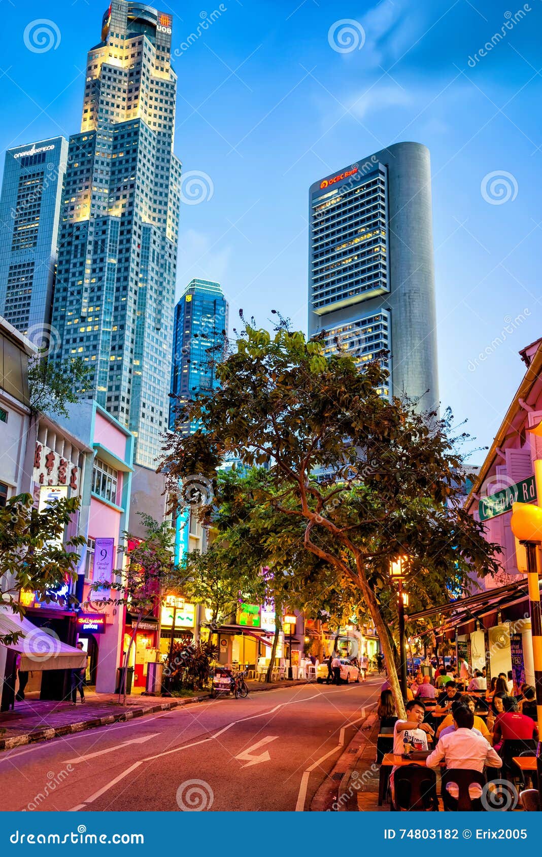 boat quay district and uob plaza of singapore editorial