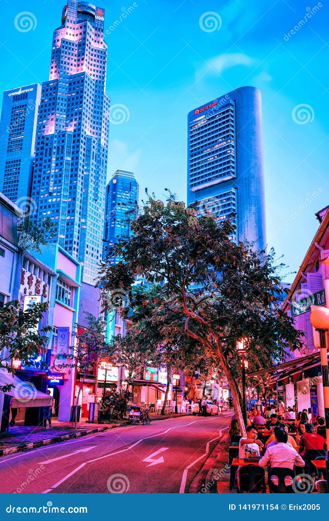 boat quay district and uob plaza singapore night editorial