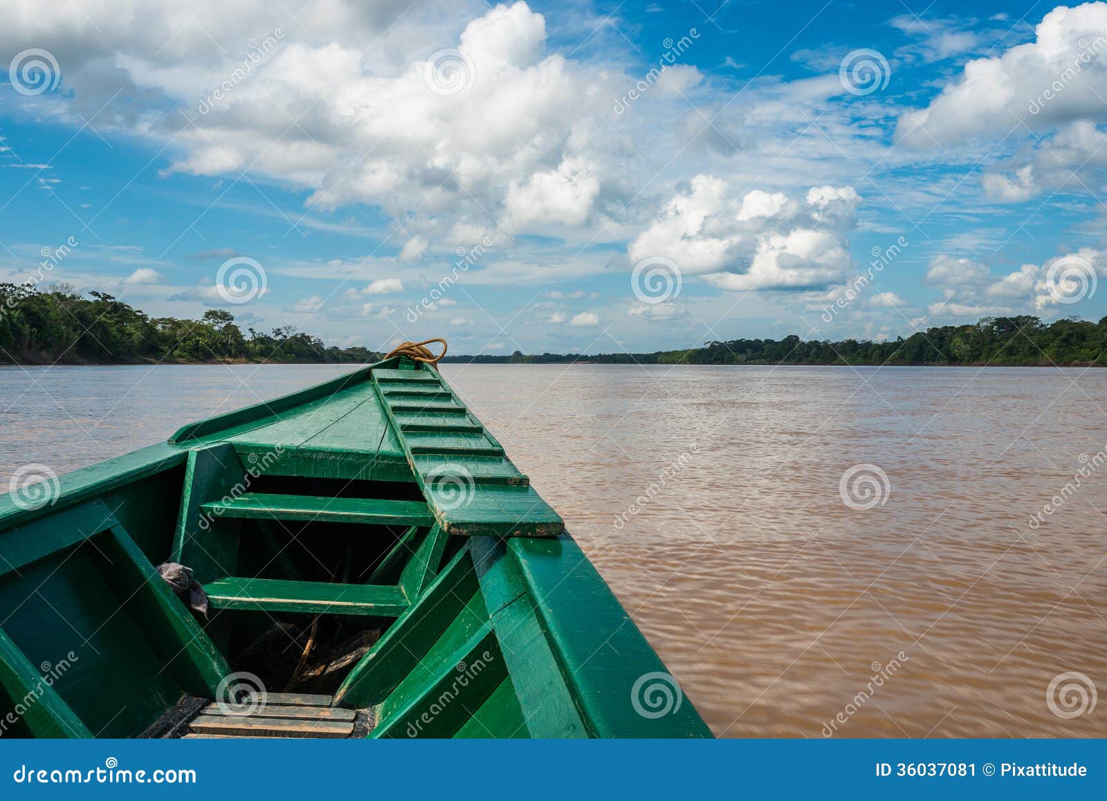 boat in the river in the peruvian amazon jungle at madre de dios peru