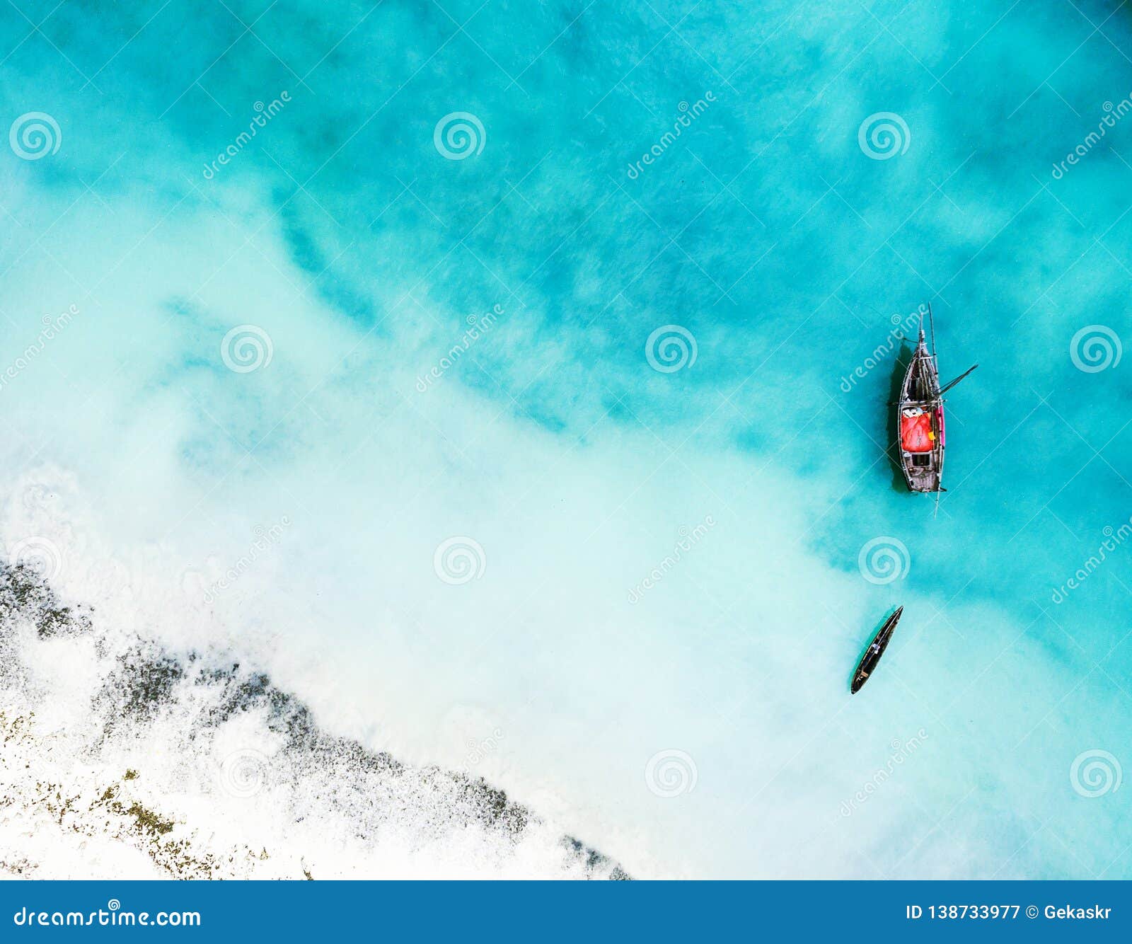 Boat and Ship in Beautiful Turquoise Ocean, Top View Stock Image