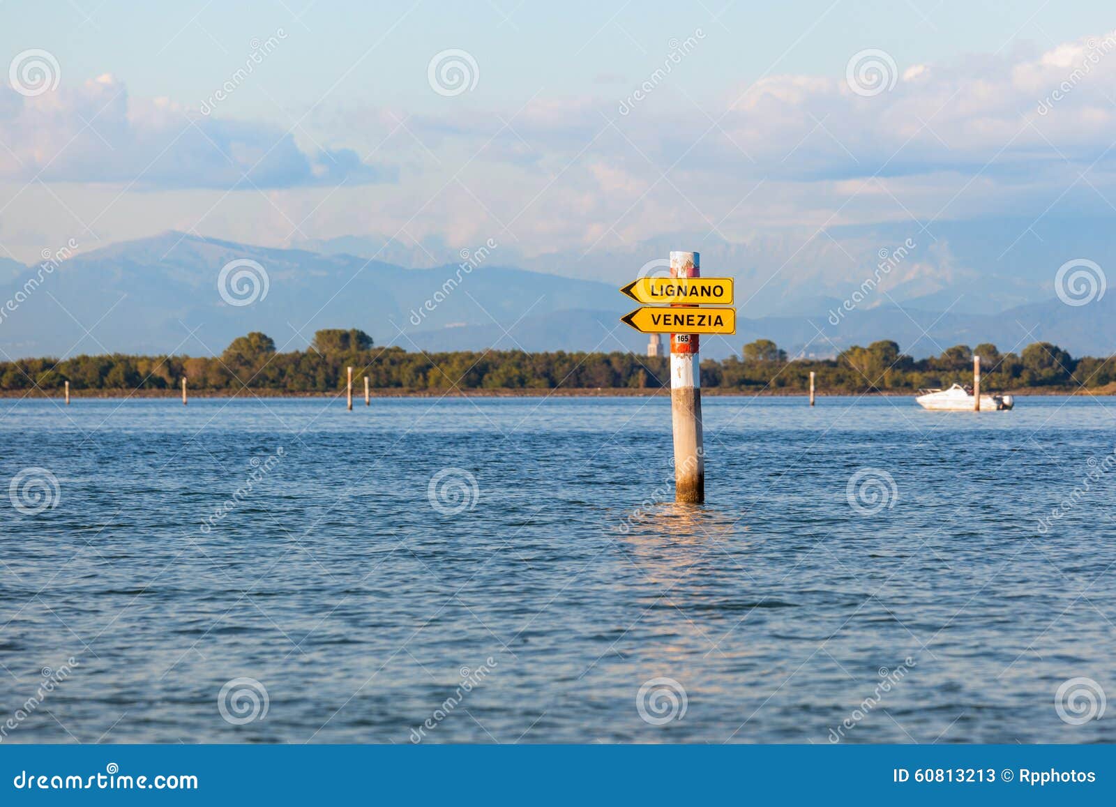 boat sign in the lagoon of grado. friuli venezia giulia, italy
