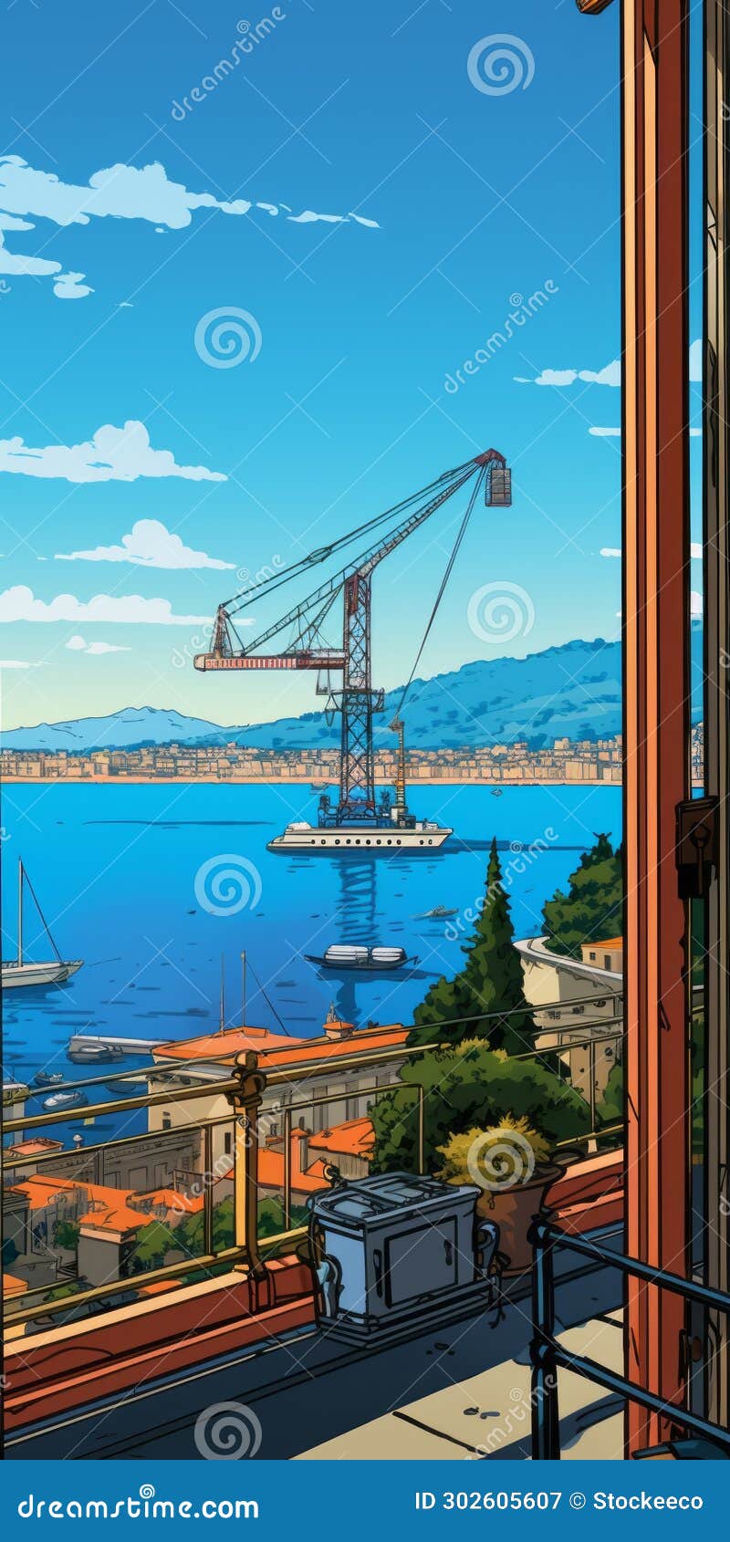 hyper-detailed swiss style crane overlooking mediterranean landscape in comic book art