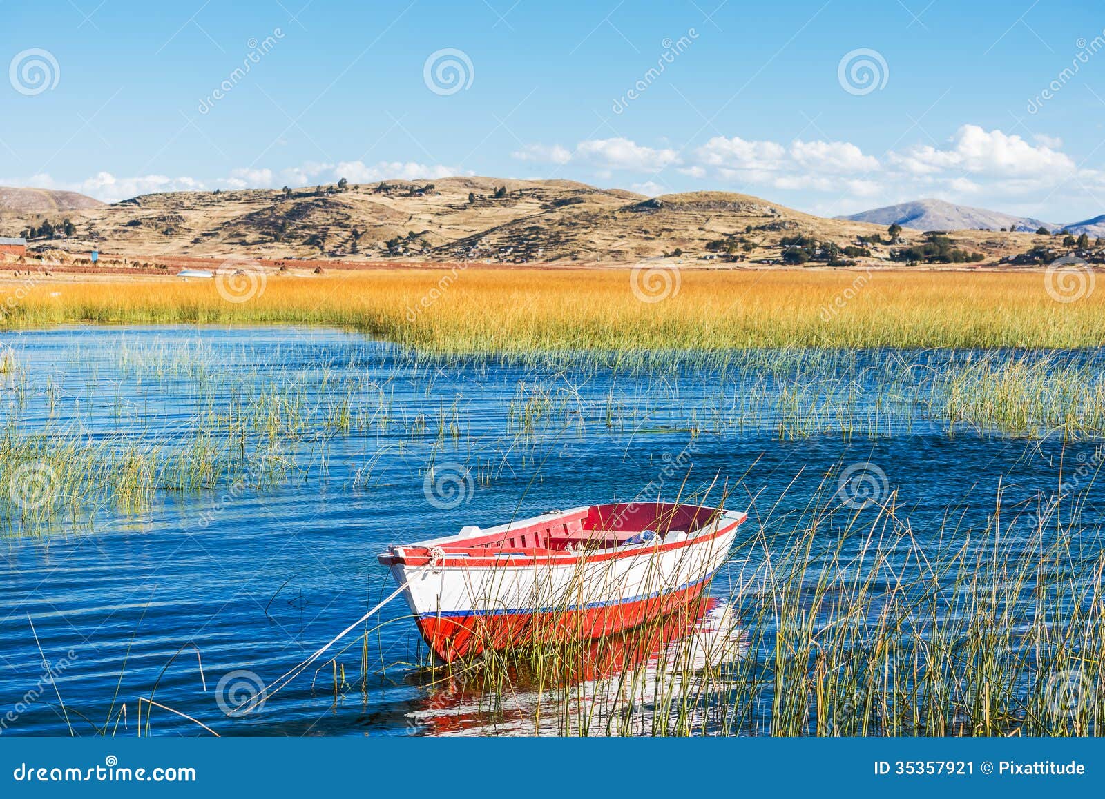 boat in titicaca lake peruvian andes at puno peru