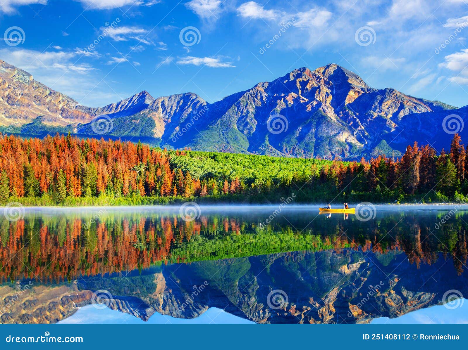 summer boating on a calm patricia lake in jasper national park