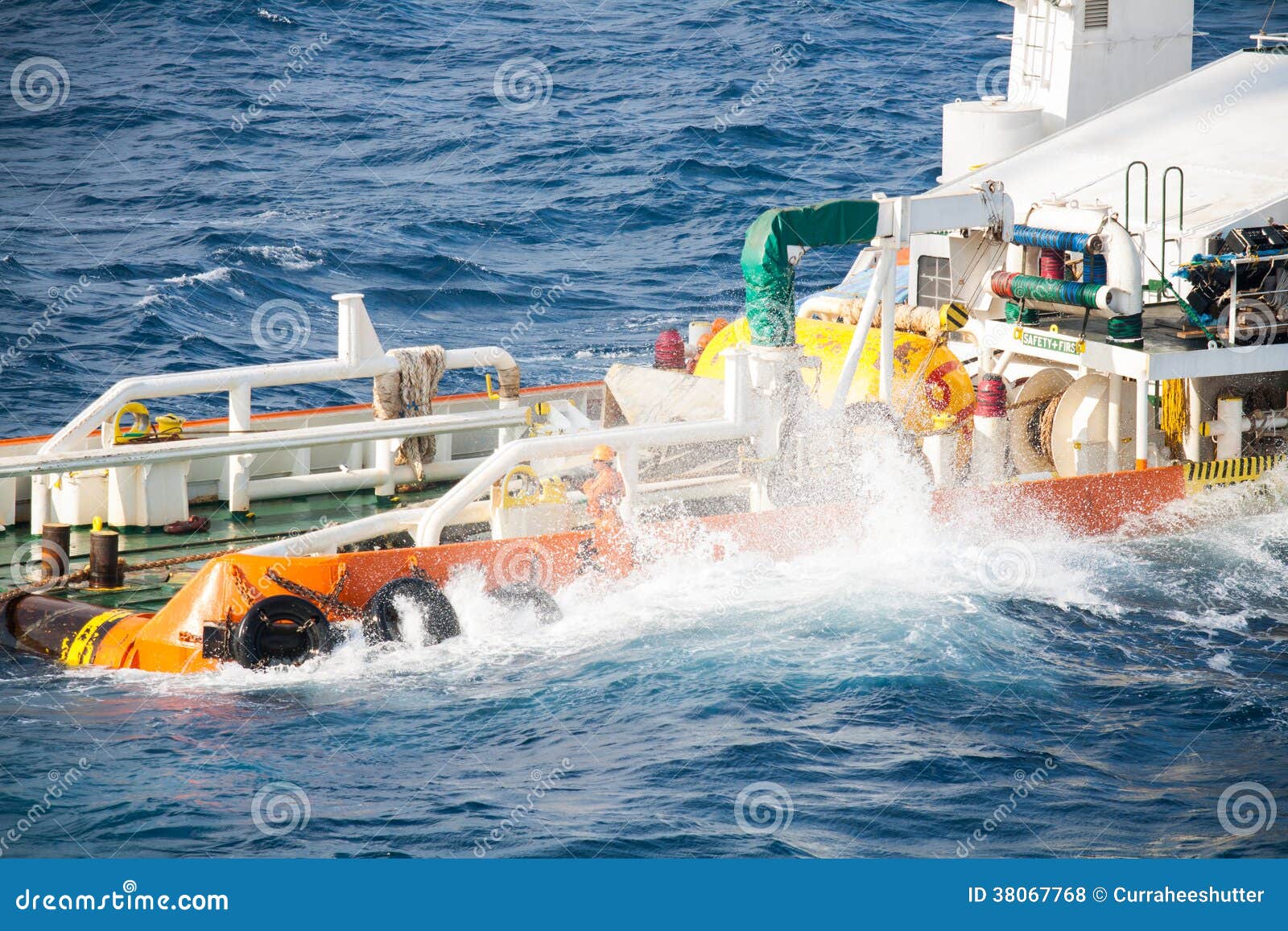 Boatman Working on Deck Supply Boat, Crews Operation on Installation