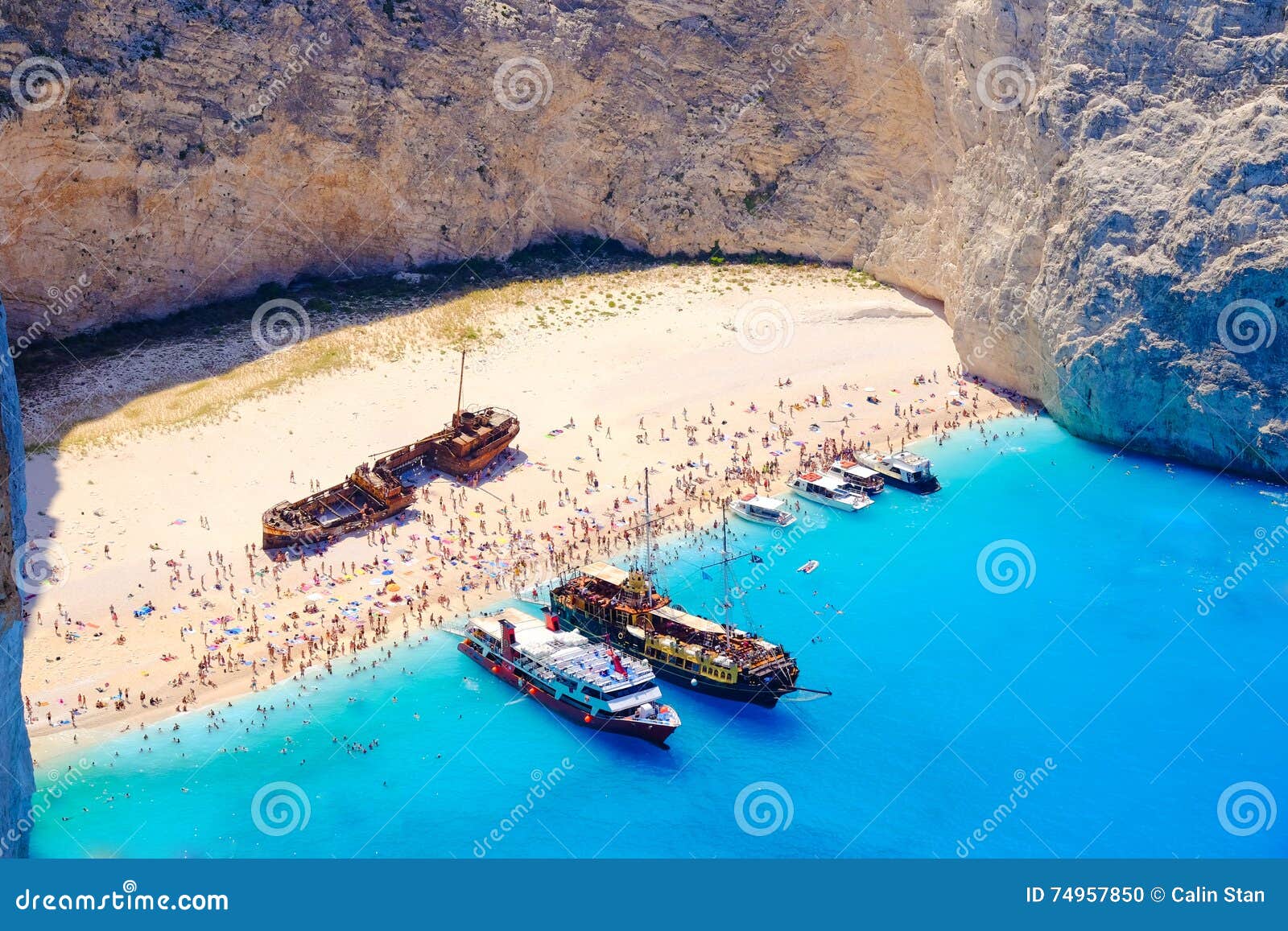 Boats Anchored at Navagio Beach, Zakynthos. Famous Shipwreck on Stock ...