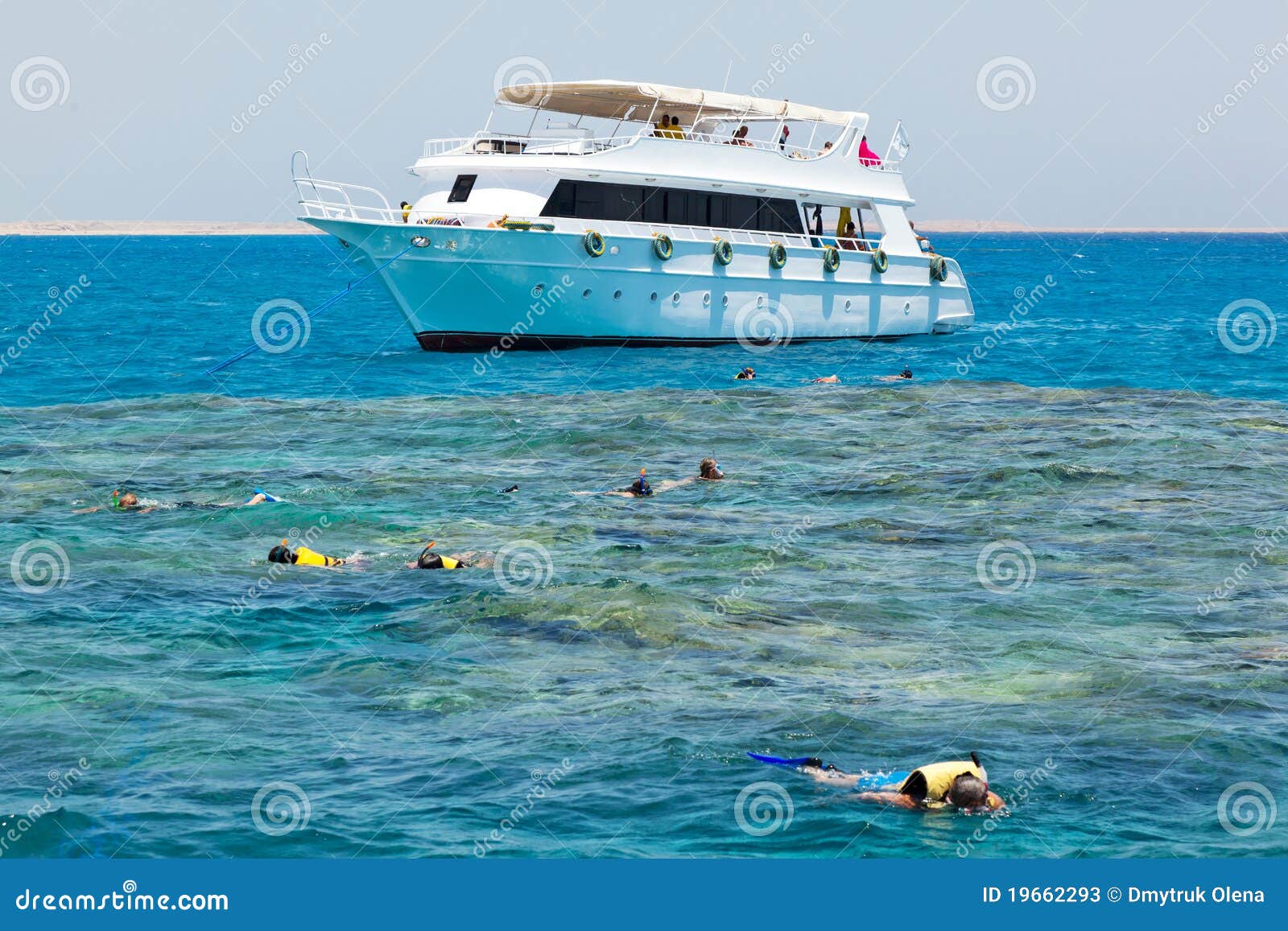 Boats anchored on Red Sea. White yachts in Red sea travel