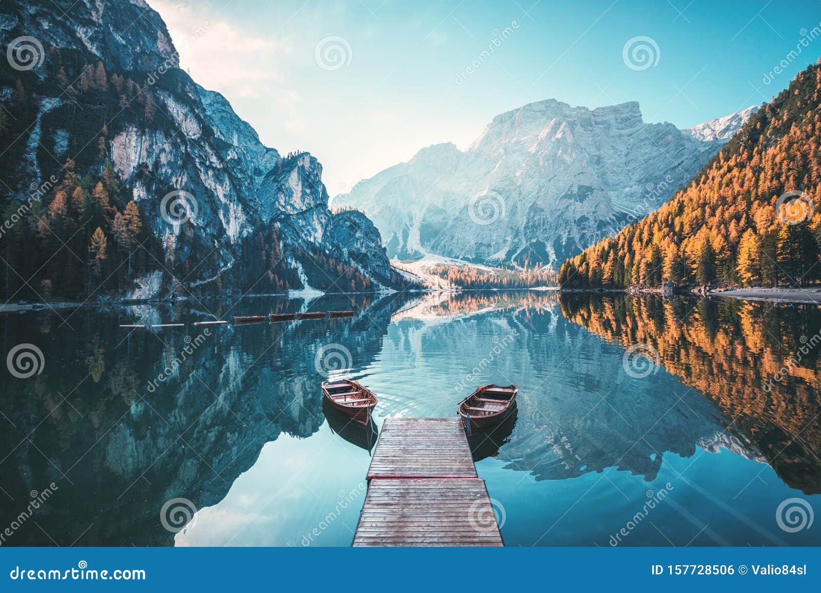 boats on the braies lake  pragser wildsee  in dolomites mountains, sudtirol, italy