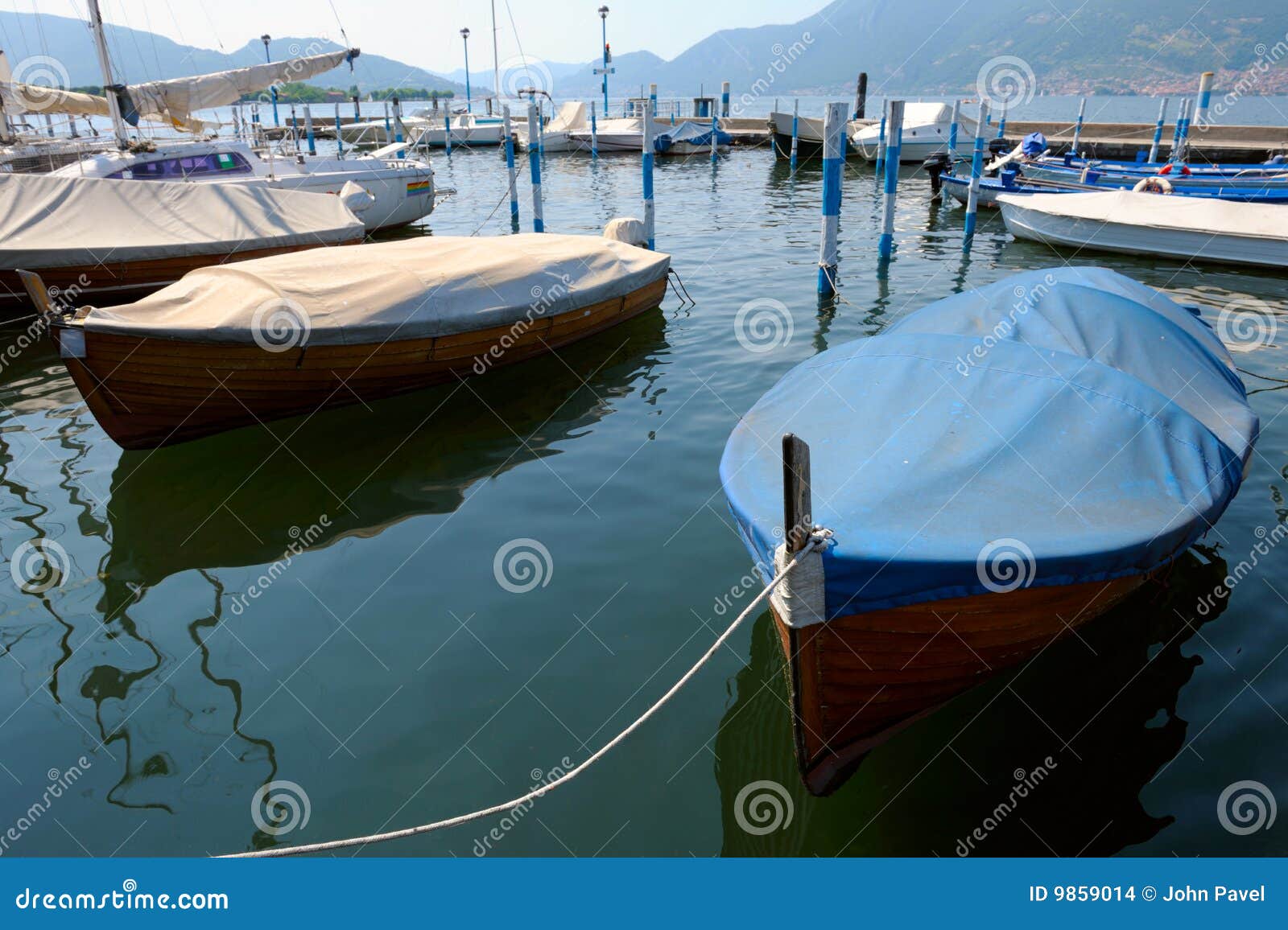 boats in marina at iseo, lombardy, italy