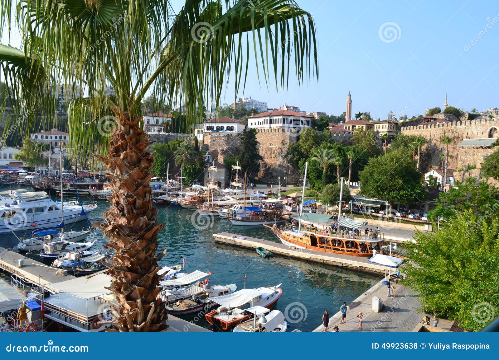 boats, a palm and a fortress in mediterranean sea in the port antalia