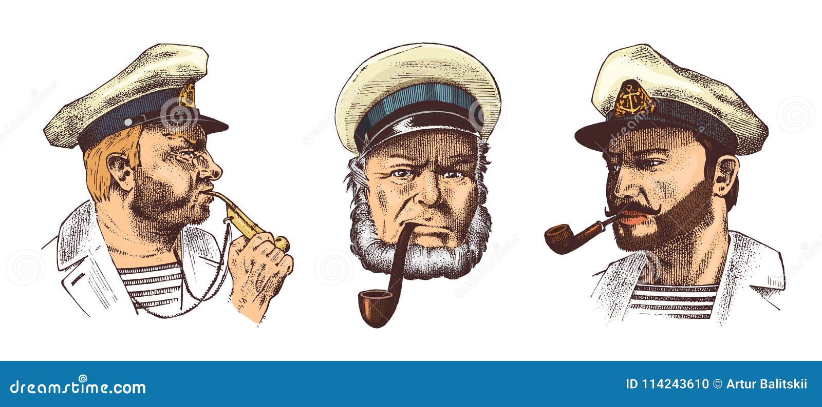 boatswain with pipe. portrait of a sea captain, marine old sailor or bluejacket, whistle and seaman with beard or men
