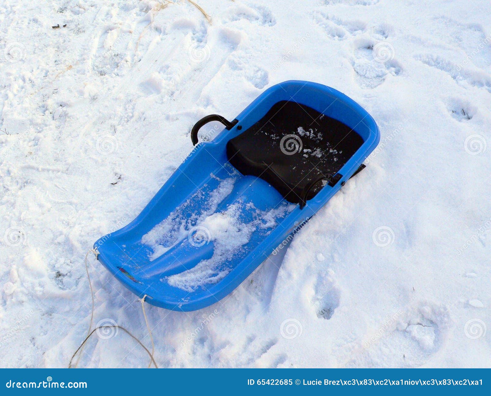 Blue bobsled standing in winter snow in the garden