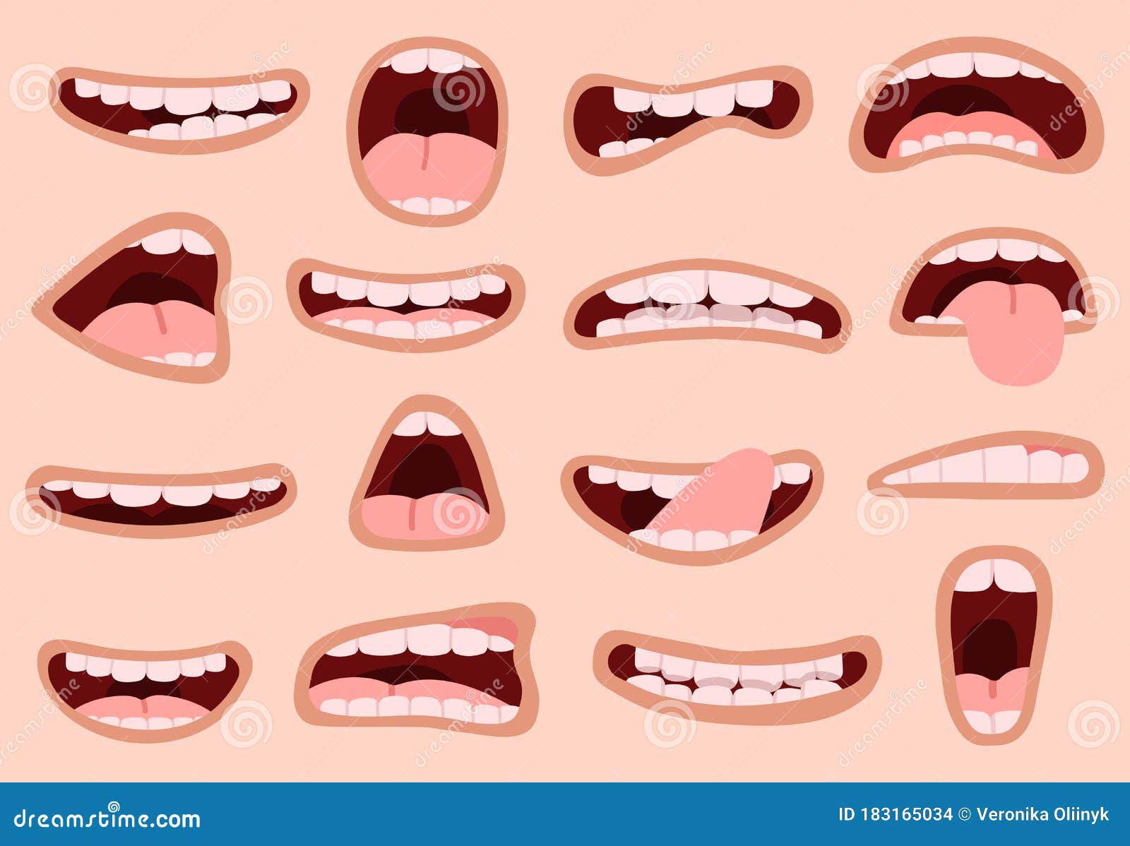 Várias opções de boca aberta com lábios, língua e dentes. bocas de desenho  animado com diferentes expressões. sorria com os dentes, a língua de fora,  surpreso. desenho animado