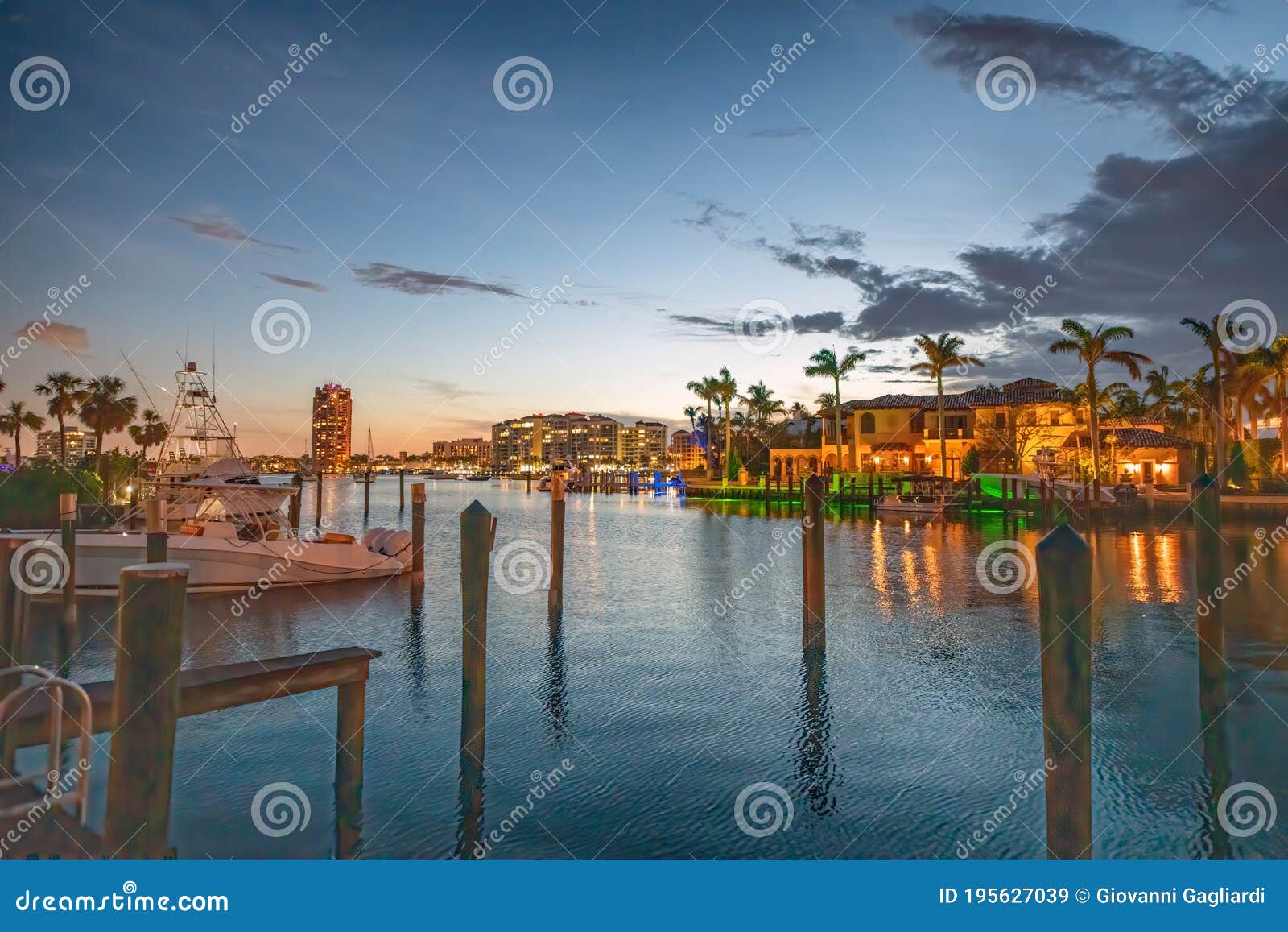 boca raton buildings along lake boca raton at sunset, florida