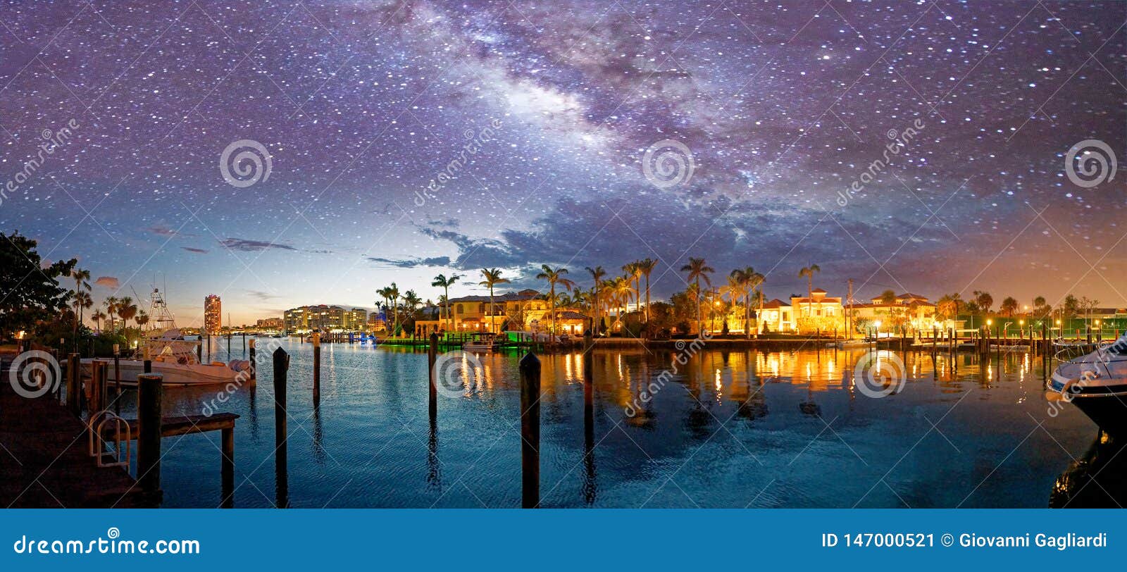 boca raton skyline and reflections on a starry night, florida