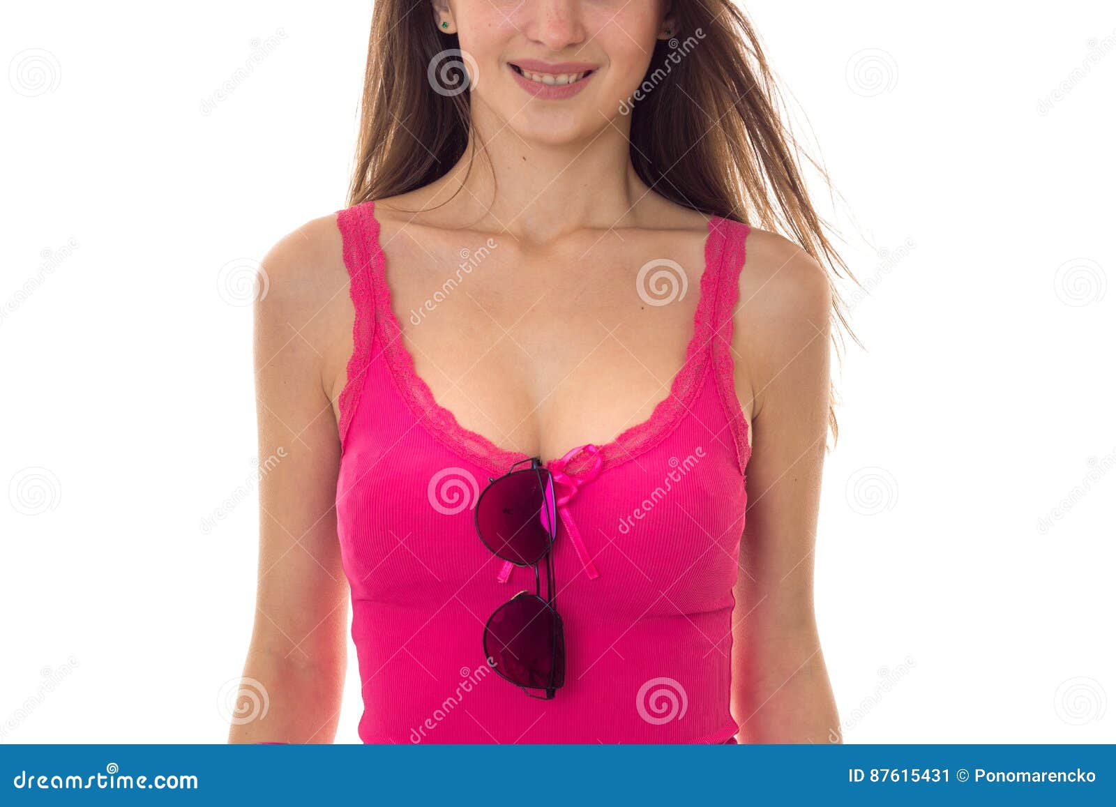 The Body of a Beautiful Young Girl in a Bright T-shirt with Large Breasts  on Which To Hang Glasses Isolated on White Stock Image - Image of hair,  adult: 87615431