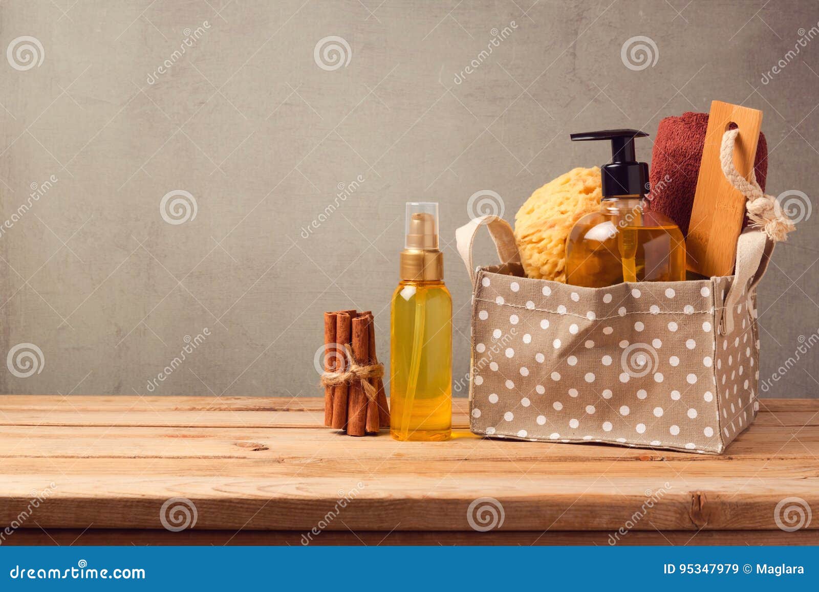 body care and personal hygiene products on wooden table
