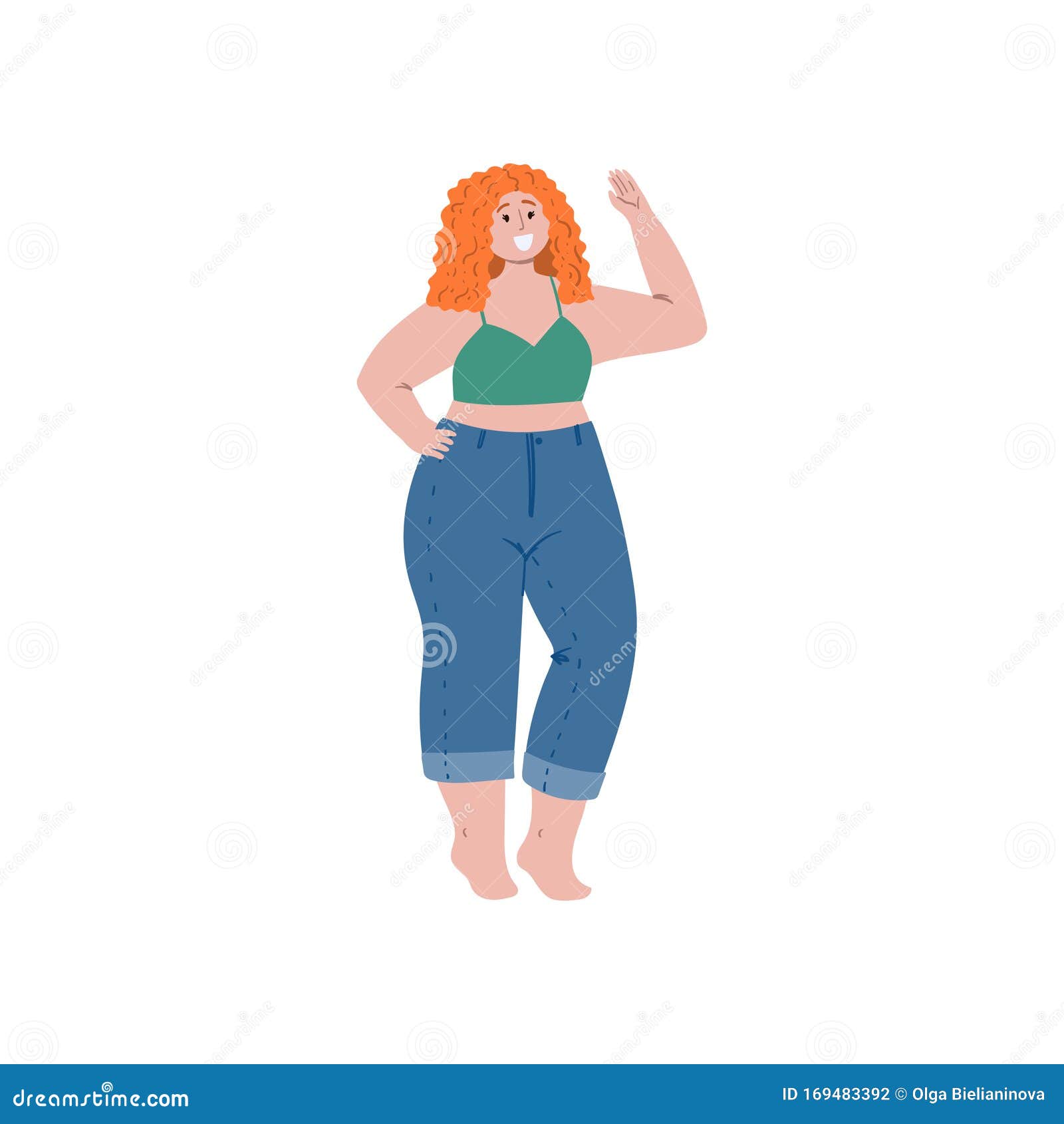 Body Positive Smiling Plus Size Woman With Red Hair Hand Drawn Flat Cartoon Style Illustration