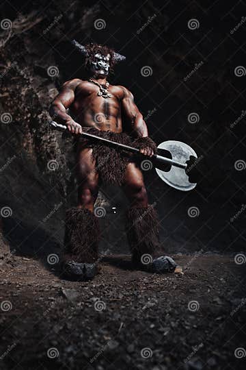 The Bodyart Man Angry Minotaur with Axe in Cave Stock Illustration ...