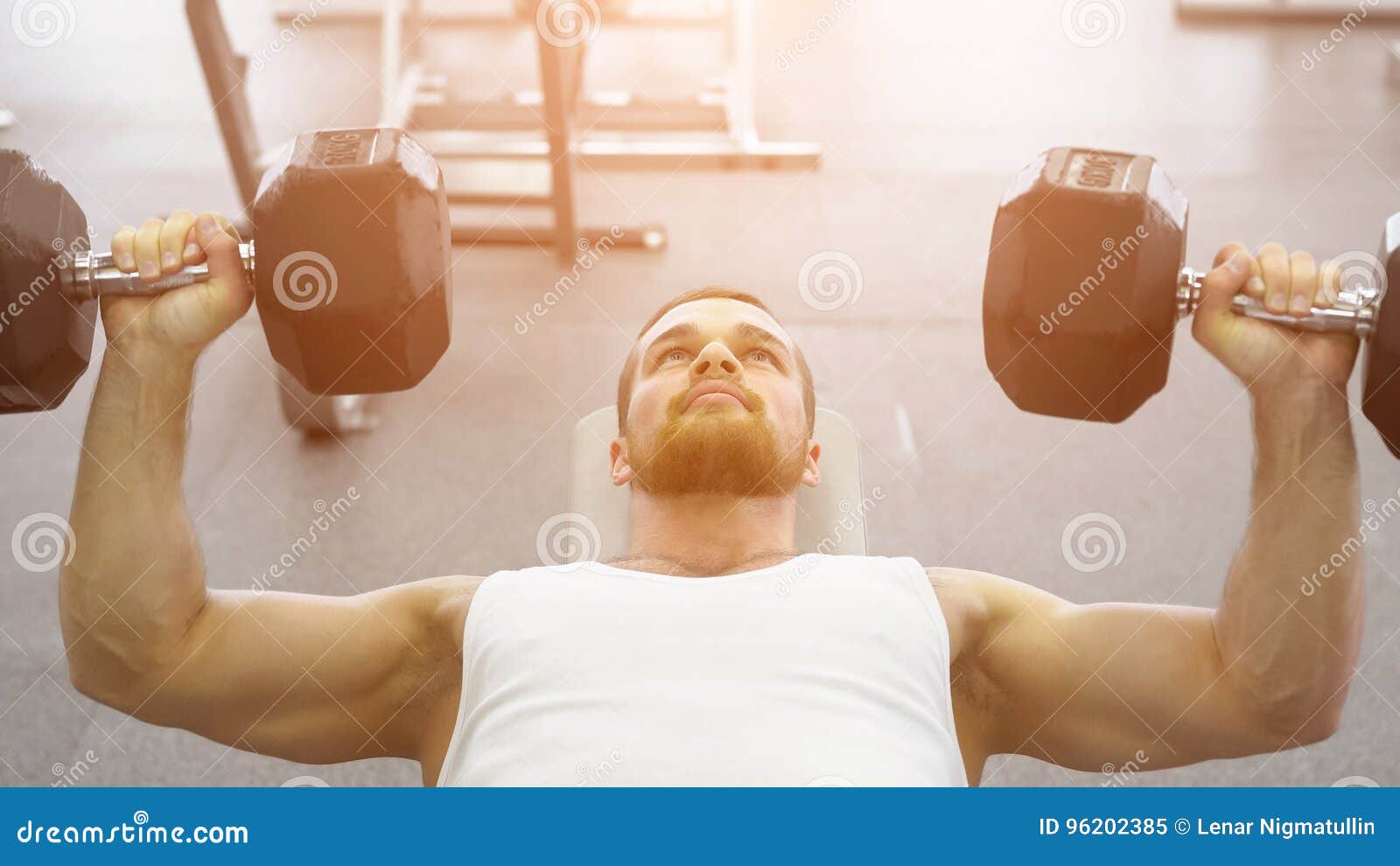 Bodybuilder Does Bench Press Using Dumbbells At The Gym Muscular
