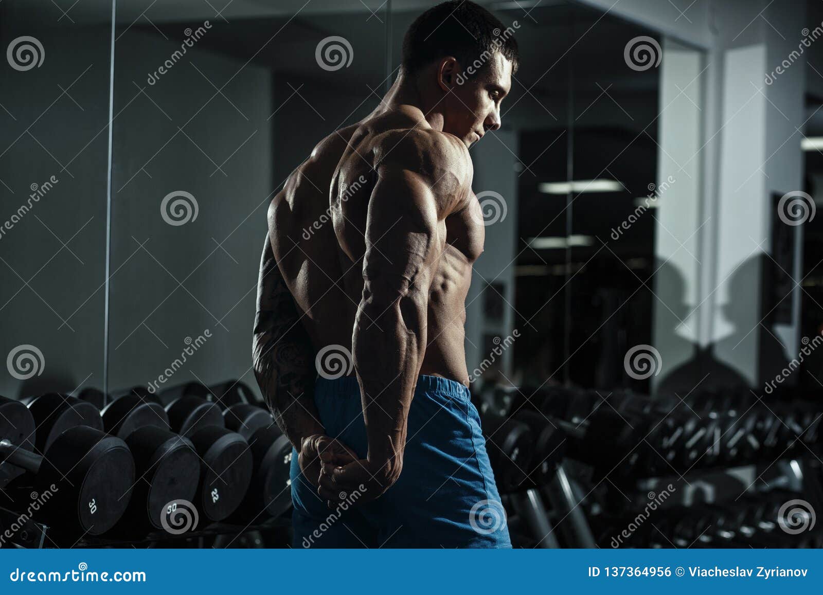 Bodybuilder With Great Physique And Body Shape Shows Perfect Muscular Body In Gym Over Dramatic