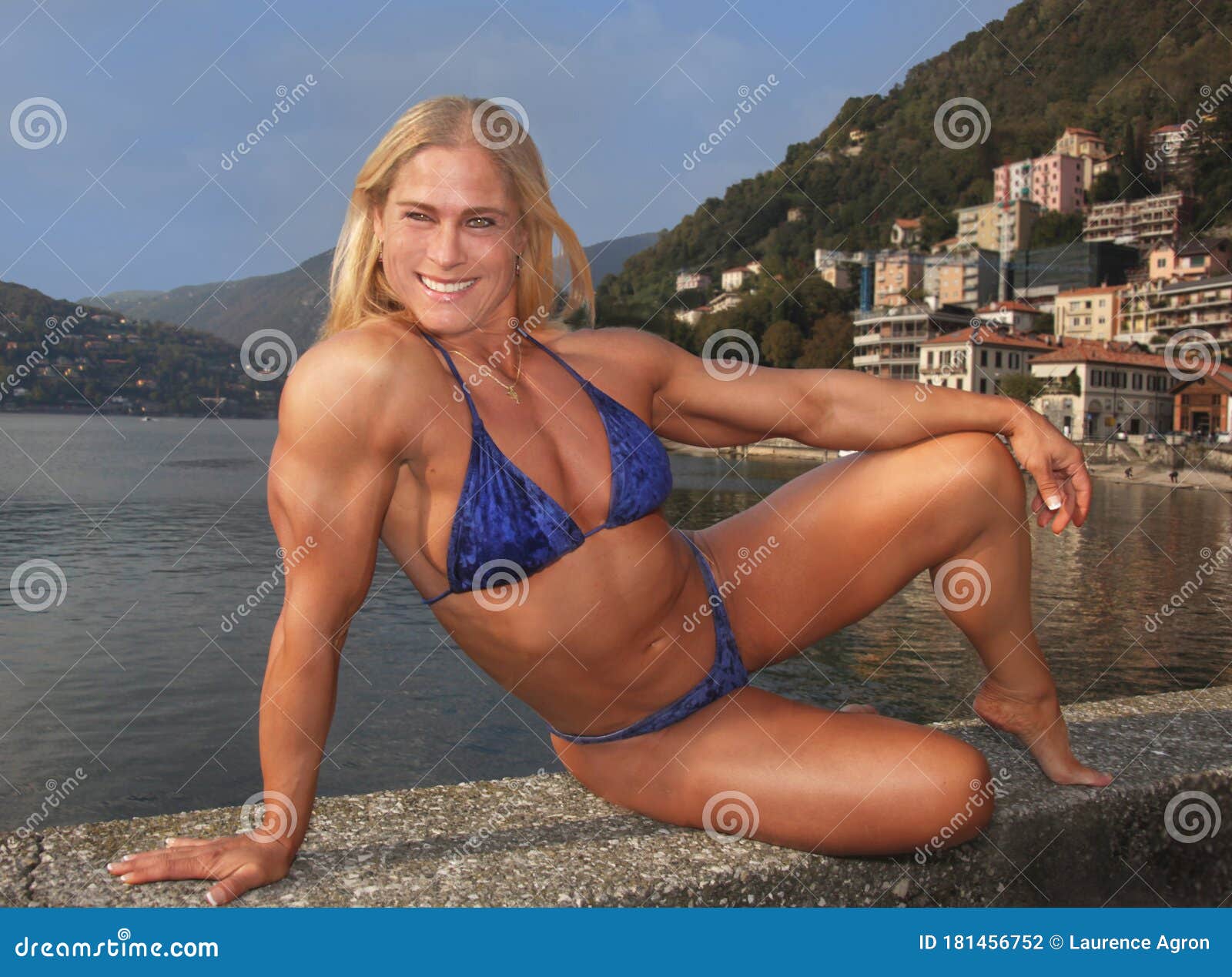 Bodybuilder Maria Mikola Poses at Lake Como Stock Photo picture