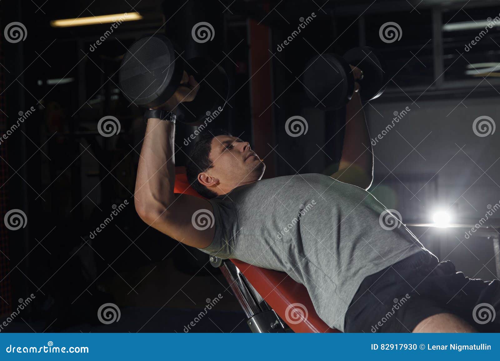 Bodybuilder Training in the Gym Chest Dumbbell Bench Press. Stock