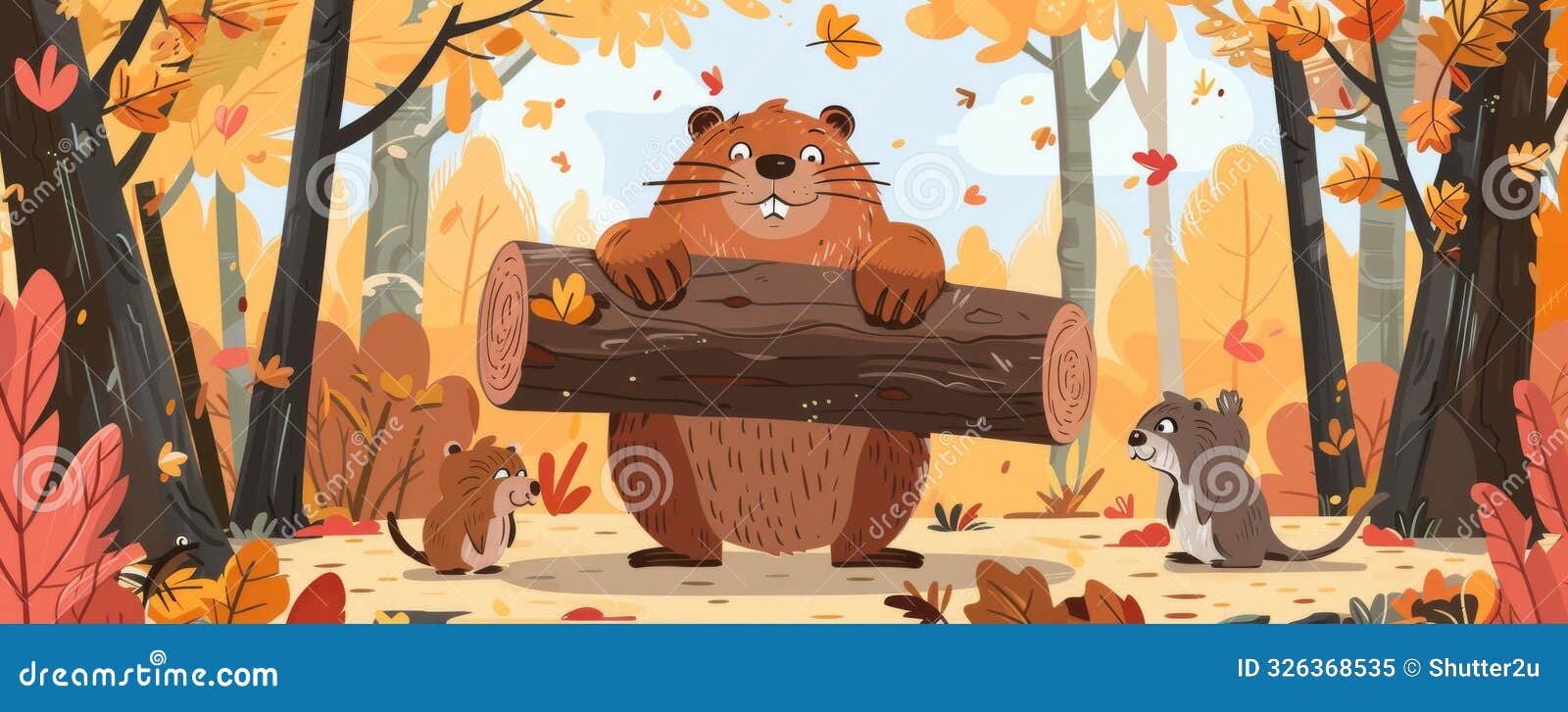 a bodybuilding beaver in a gym lifting heavy logs as weights surrounded by impressed fellow woodland creatures