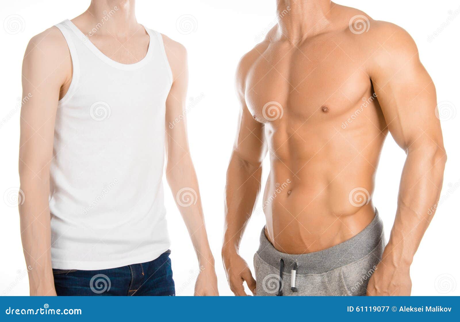 Bodybuilding Coach Topic Beautiful Strong Bodybuilder Coach Stands Next To A Thin Man Isolated On A White Background In The Studi Stock Image Image Of Instructor Background