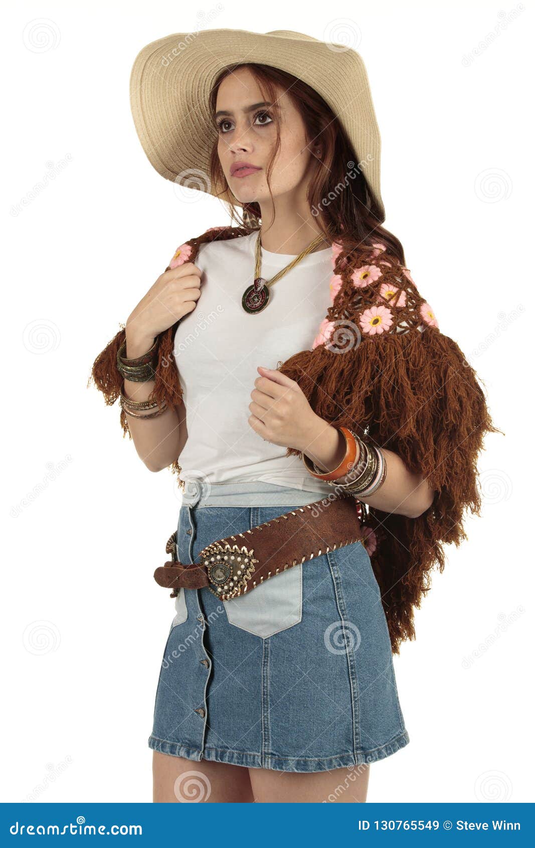 Bohemian Festival Style Attractive Model Wearing a Blank White T-shirt and Cowboy  Hat Stock Image - Image of happy, brunette: 130765549