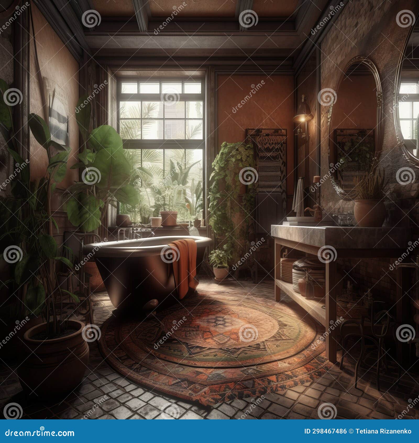 Bohemian Style Interior of Bathroom in Dark Colors Stock Illustration