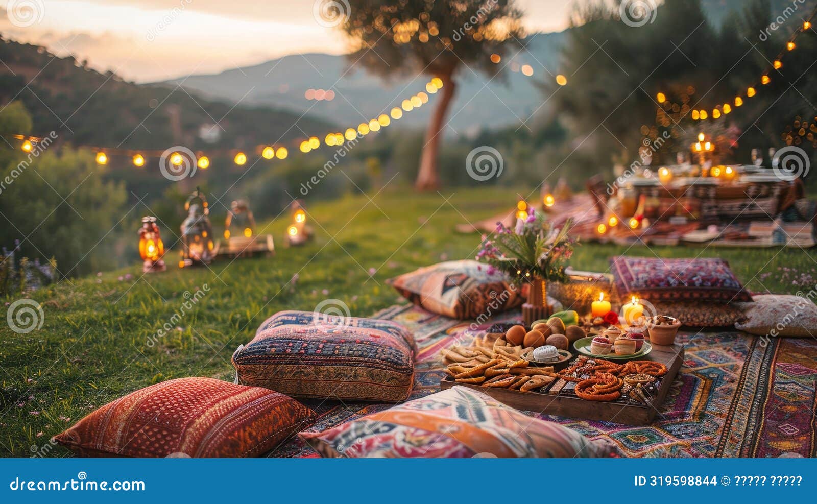 bohemian style twilight picnic with middle eastern inspired table setting and string lights