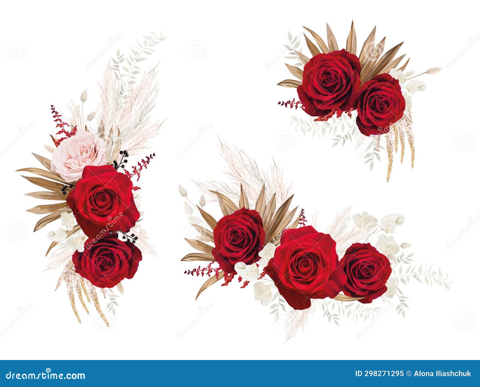 bohemian style watercolor floral bouquet. red garden roses, pampas grass. elegant flowers dry palm leaves editable 