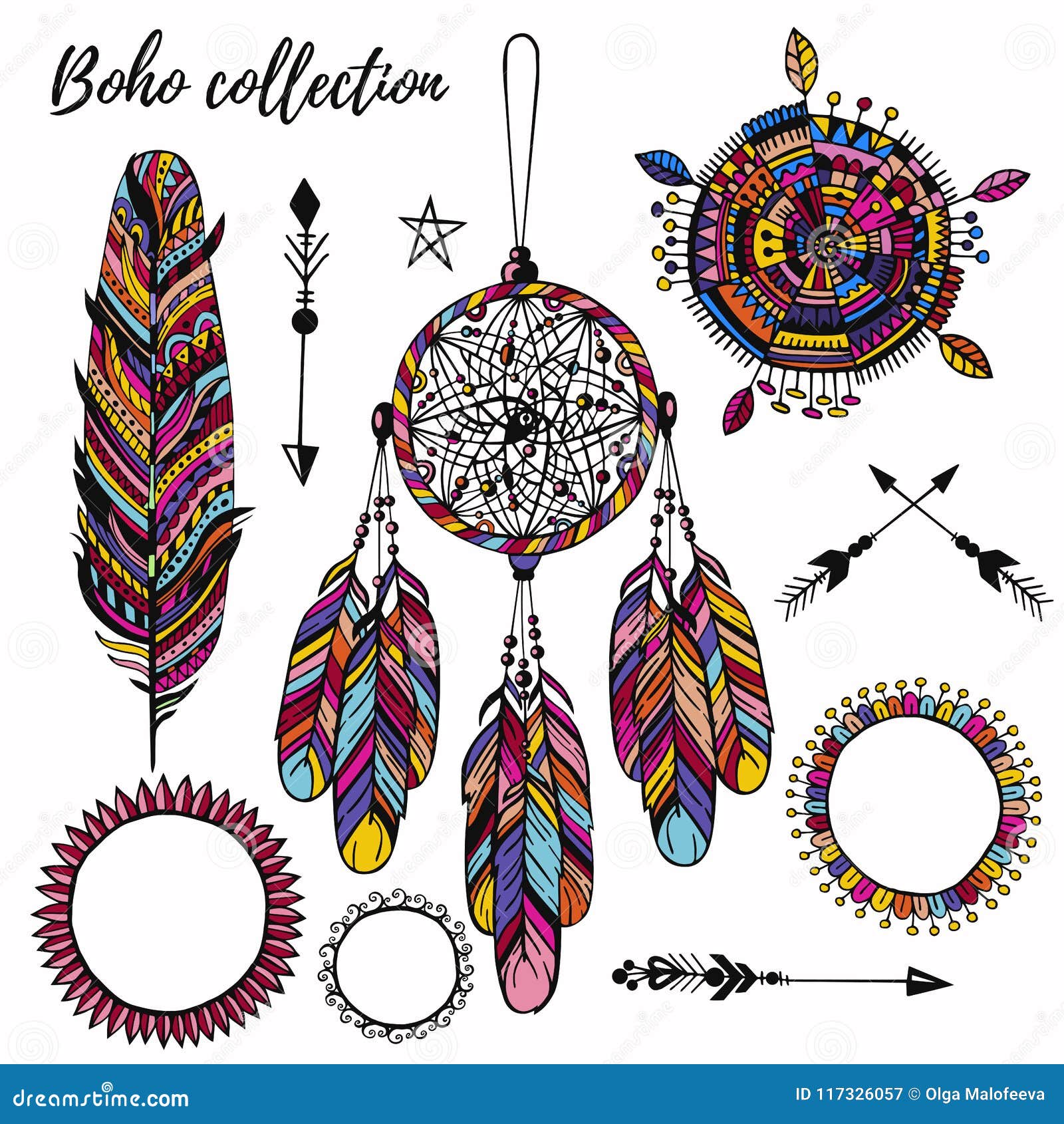 Boho Decorative Colorful Drawings Vector Set Stock Vector