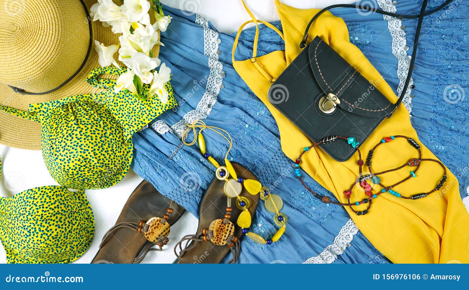 Boho Chic Fashion Layout Flat Lay with Dress and Accessories. Stock ...