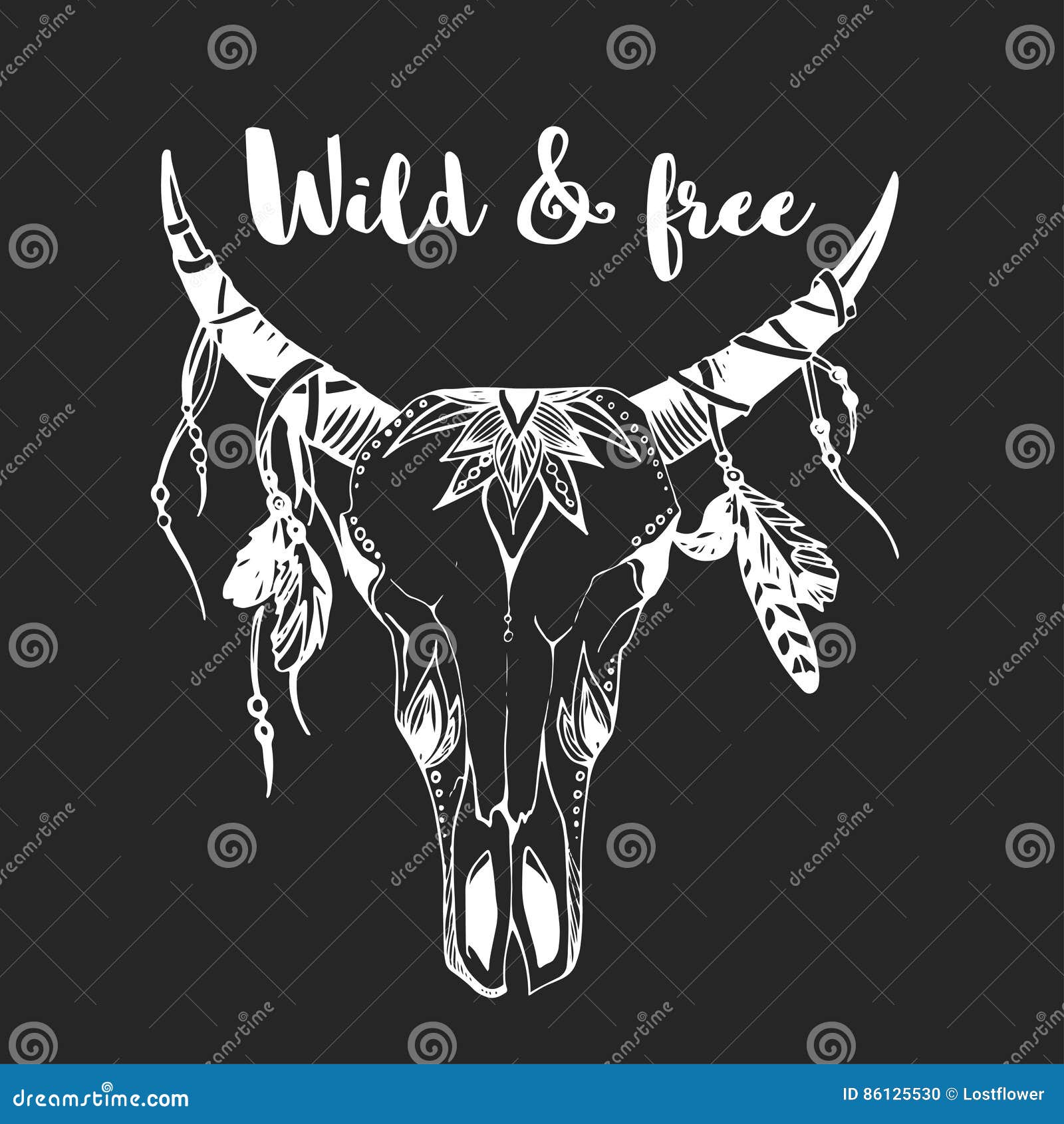 Boho Chic Image Fashion Illustration Wild Skull with Flowers Boho Style ...